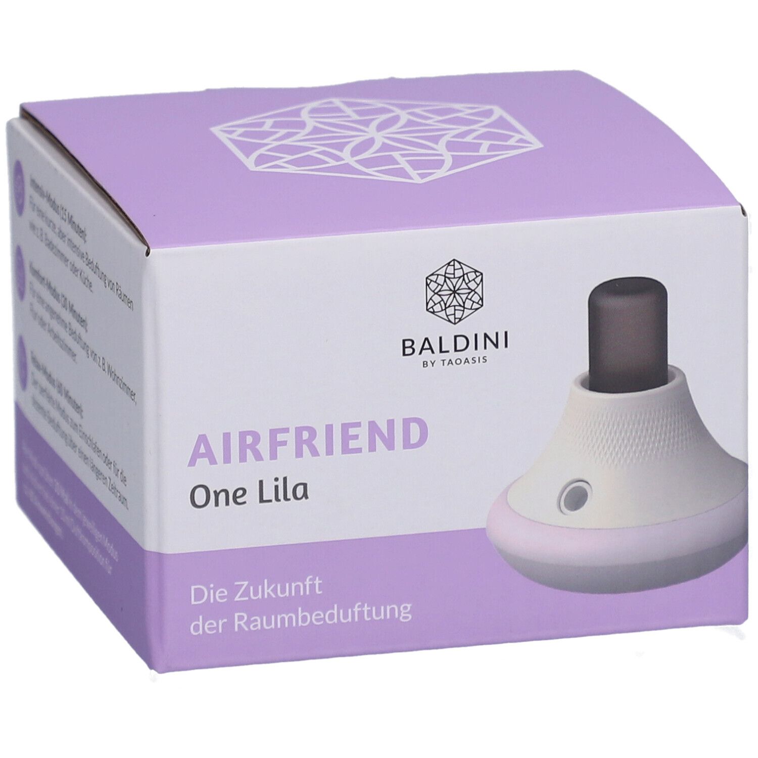 Baldini AirFriend One Lila, diffuseur d'arômes mobile, en emballage. Boîte avec produit et logo.