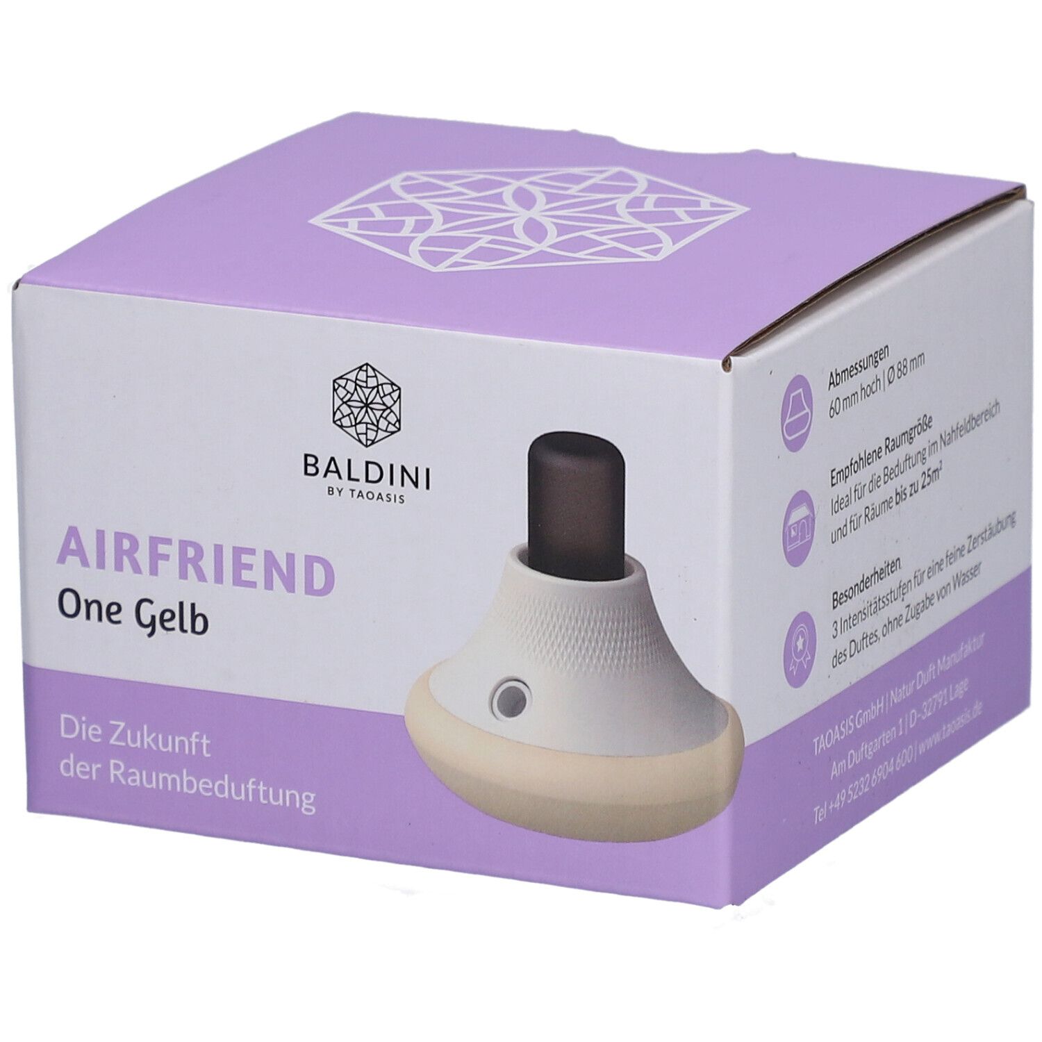 Boîte avec diffuseur d'arômes. Inscription: Baldini AirFriend One Gelb. Produit blanc et jaune. Boîte violette avec logo.