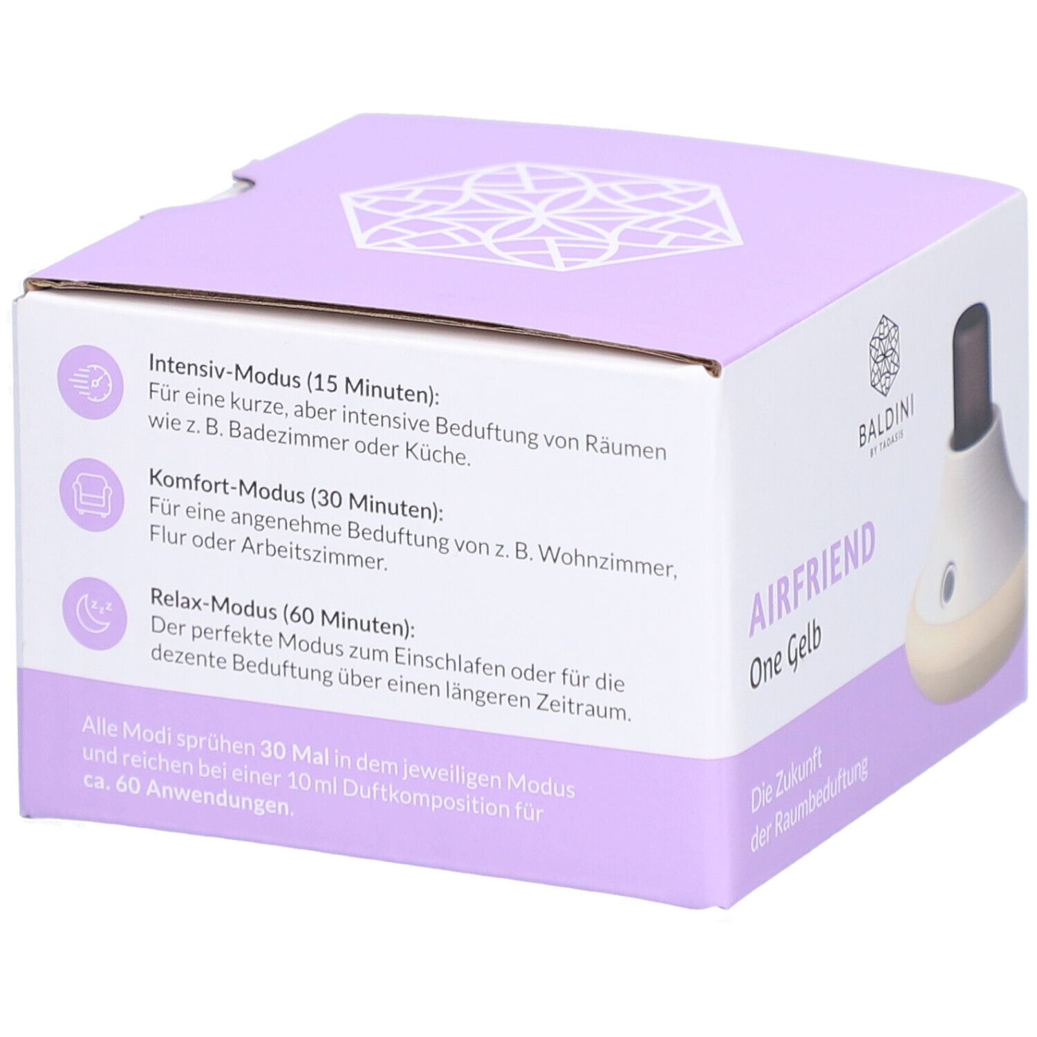 Emballage avec texte. Inscription: AirFriend One Gelb. Boîte violette avec informations sur les modes et l'utilisation.