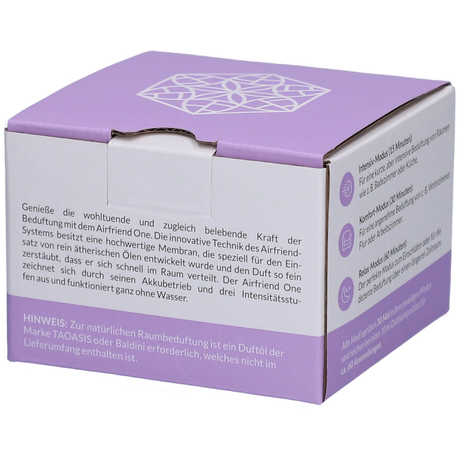Emballage avec texte. Inscription: AirFriend One Gelb. Boîte violette avec description du produit et instructions.