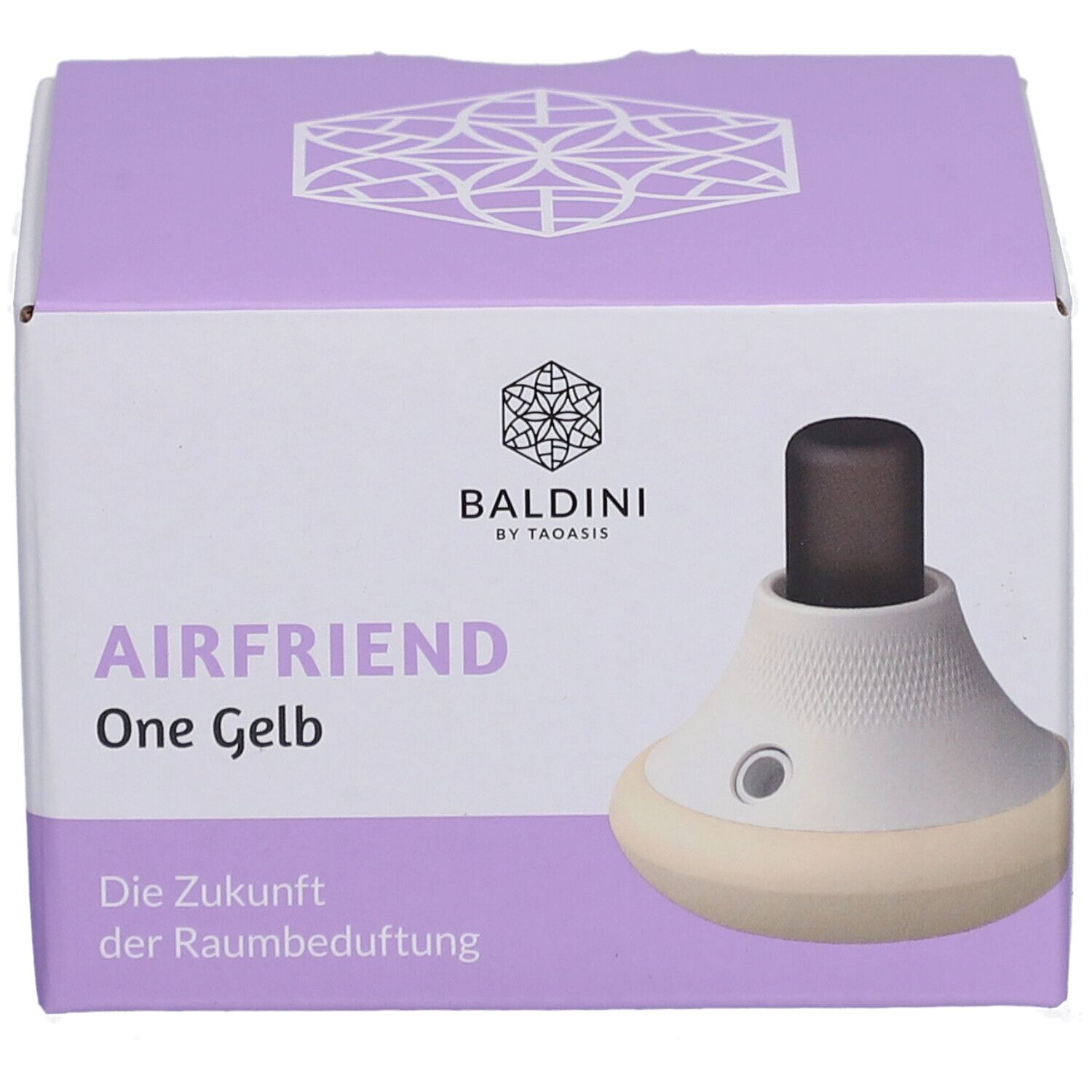 Produit dans son emballage. Diffuseur d'arômes Baldini AirFriend One Gelb. Appareil blanc-jaune avec embout noir.
