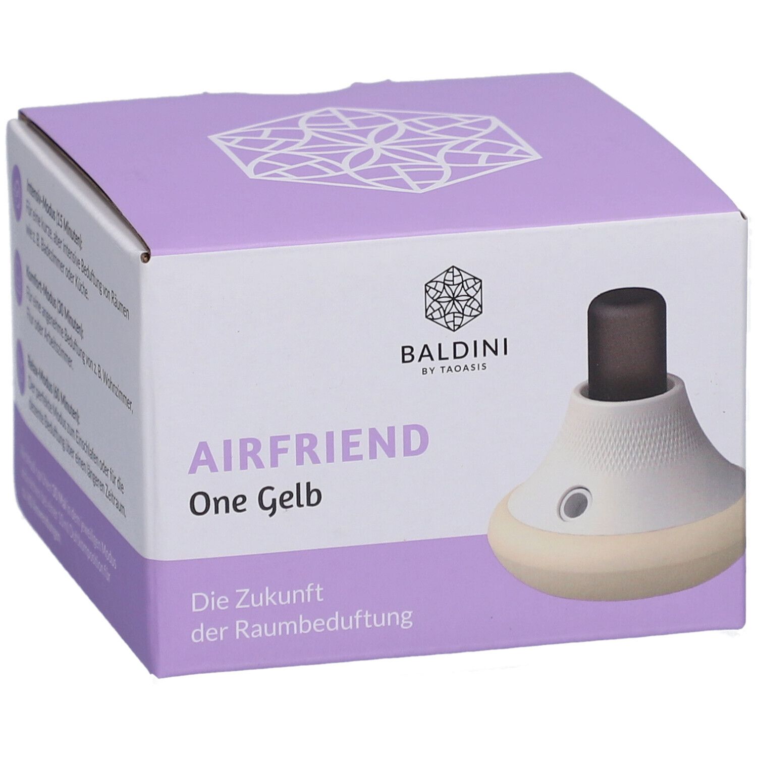 Produit dans son emballage. Diffuseur d'arômes Baldini AirFriend One Gelb. Appareil blanc-jaune avec embout noir.