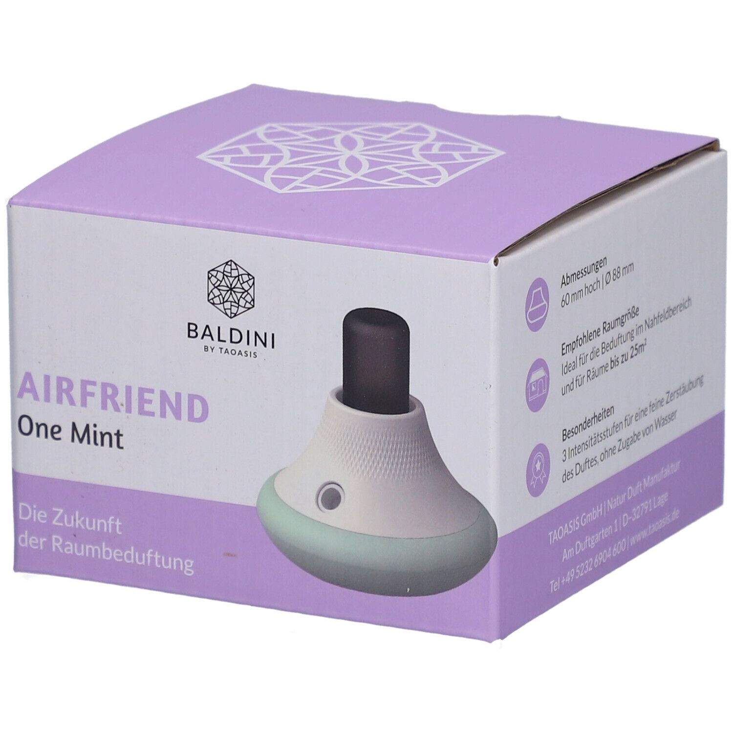 Emballage de Baldini AirFriend One Mint. Image du produit et de la boîte. Inscriptions : marque, nom du produit, spécifications techniques.