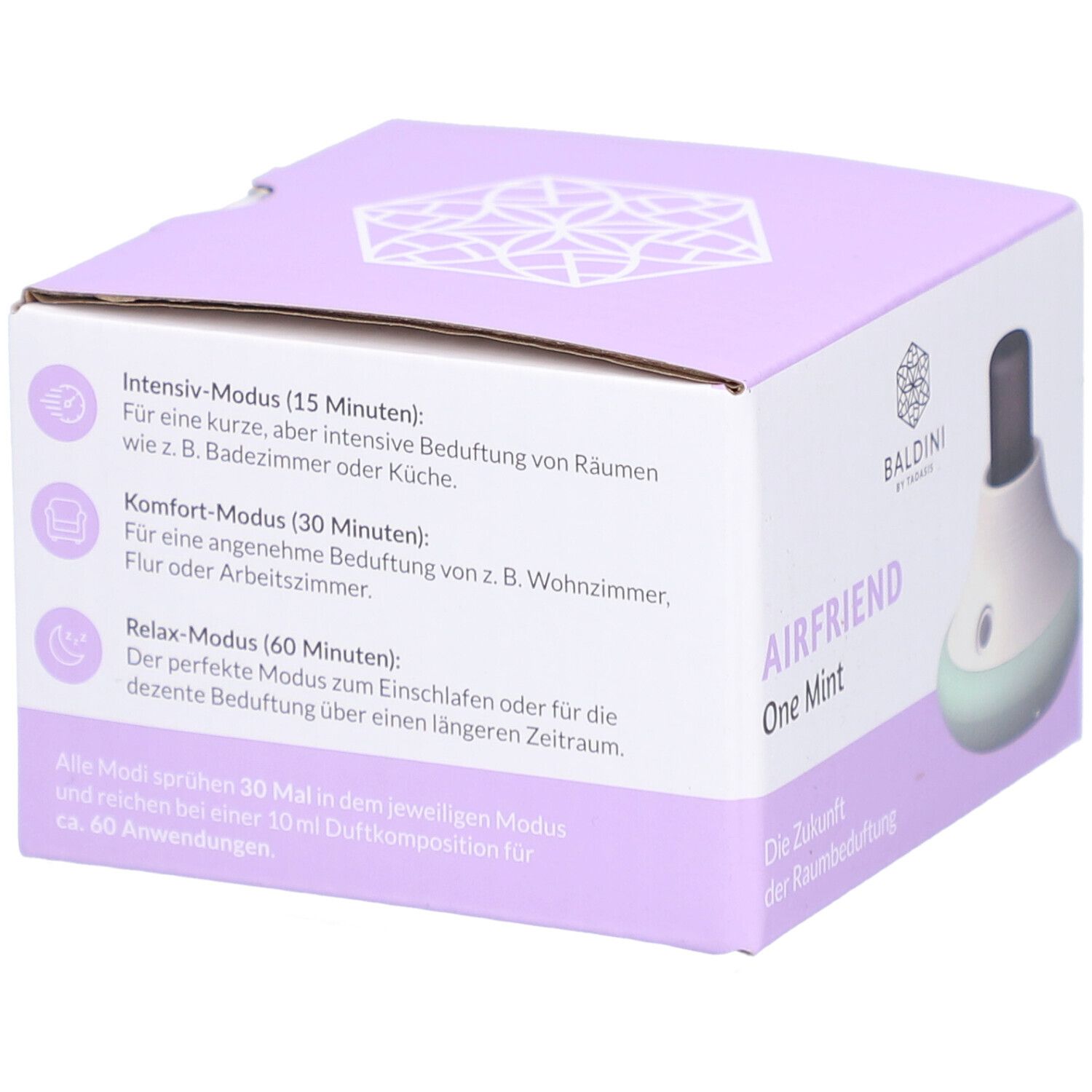 Emballage de Baldini AirFriend One Mint. Inscriptions : modes intensif, confort et relax. Image du produit et de la boîte.