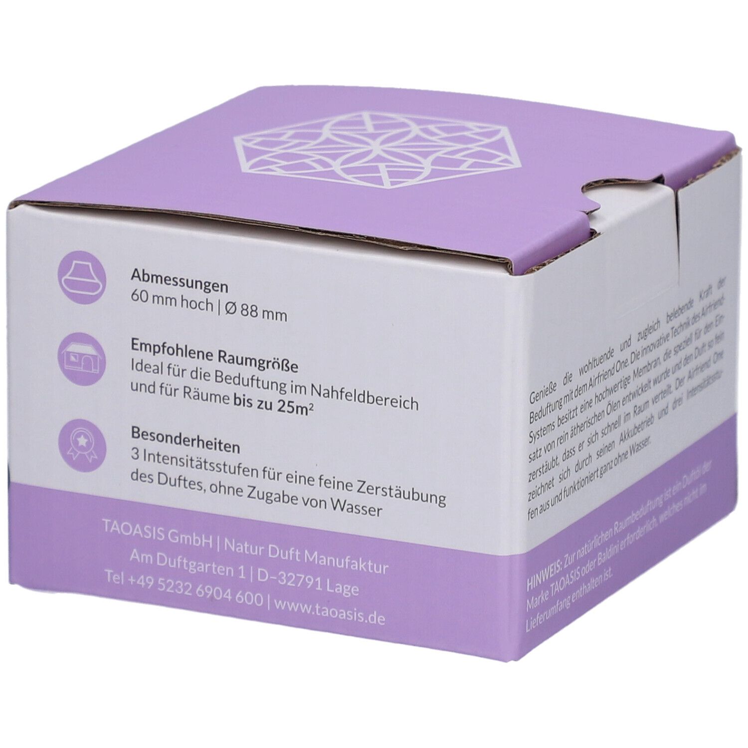 Emballage de Baldini AirFriend One Mint. Données techniques et informations du fabricant. Image du produit et de la boîte.
