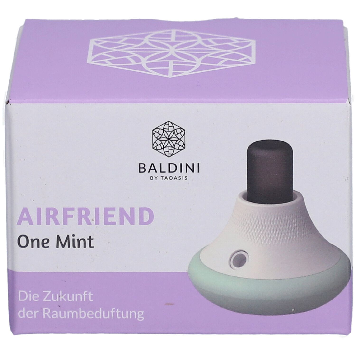 Produit Baldini AirFriend One Mint dans son emballage. Diffuseur blanc-menthe avec embout noir. Marque et nom du produit.