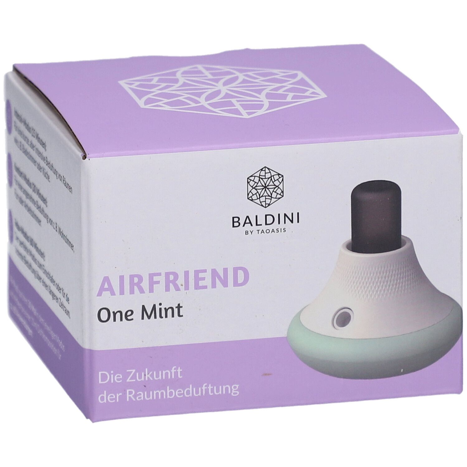 Produit Baldini AirFriend One Mint dans son emballage. Diffuseur blanc-menthe avec embout noir. Marque et nom du produit.
