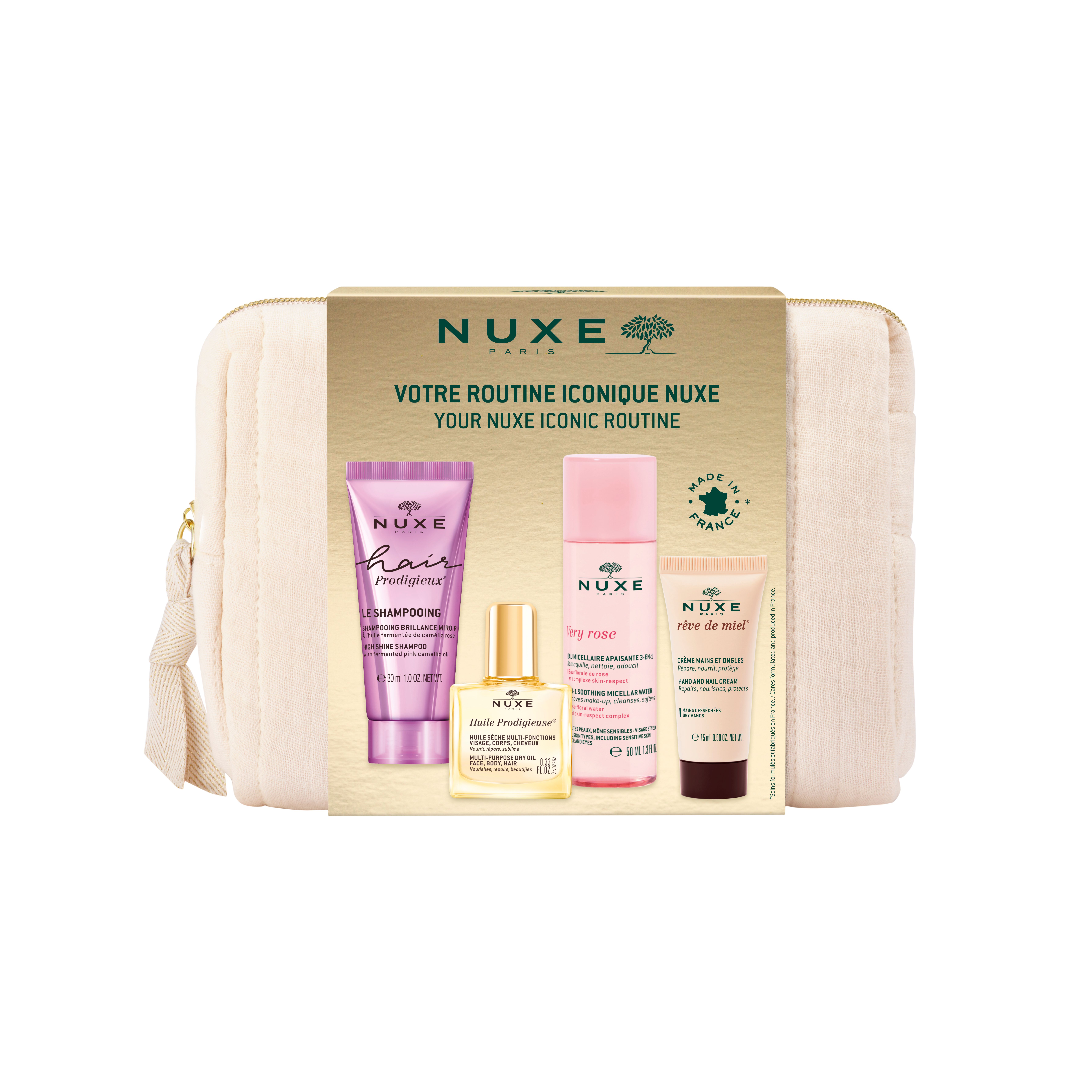 Trousse de toilette avec quatre produits NUXE. Contient shampooing, huile, spray visage et crème mains. Emballage imprimé.