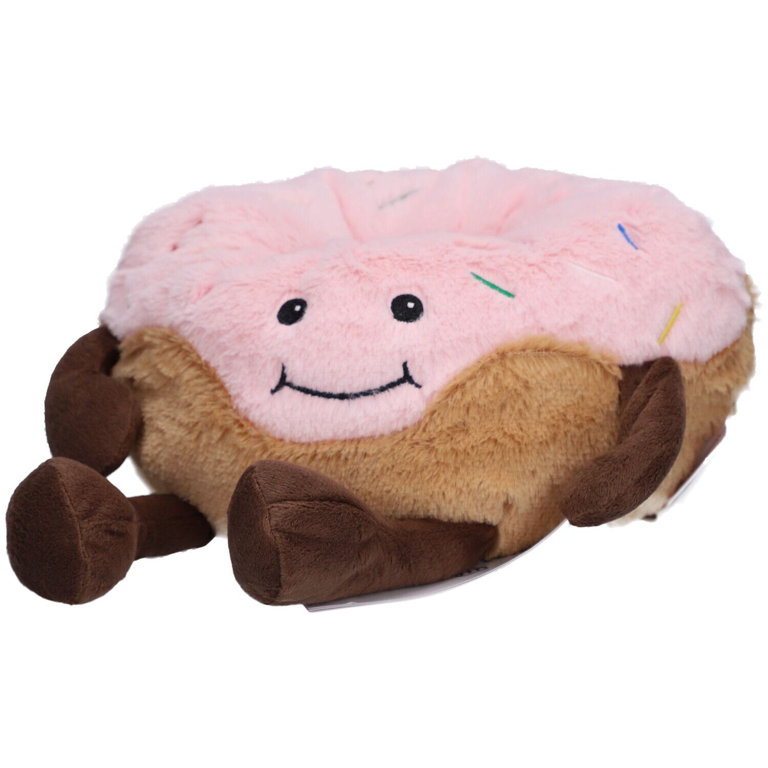 Donut en peluche rose avec glaçage et vermicelles colorés. Base et bras bruns. Visage souriant.