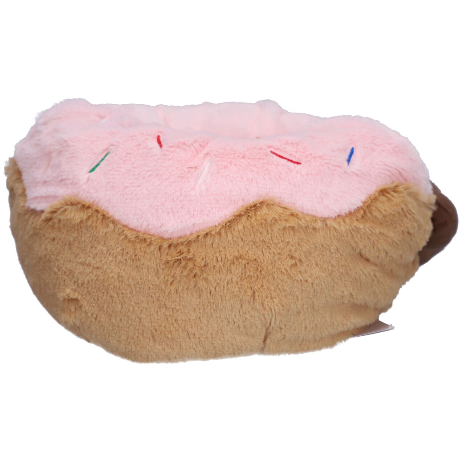Donut en peluche, glaçage rose avec vermicelles, base brune. Vue latérale. Bras brun.