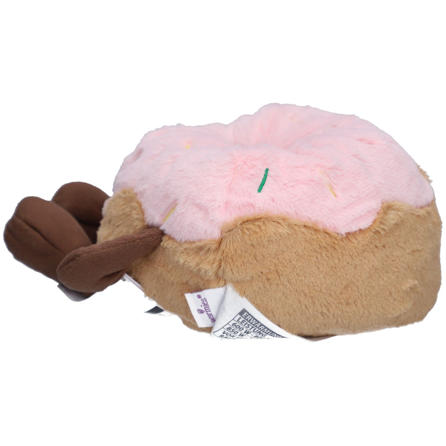 Donut en peluche, glaçage rose avec vermicelles, base brune. Vue latérale. Bras brun.