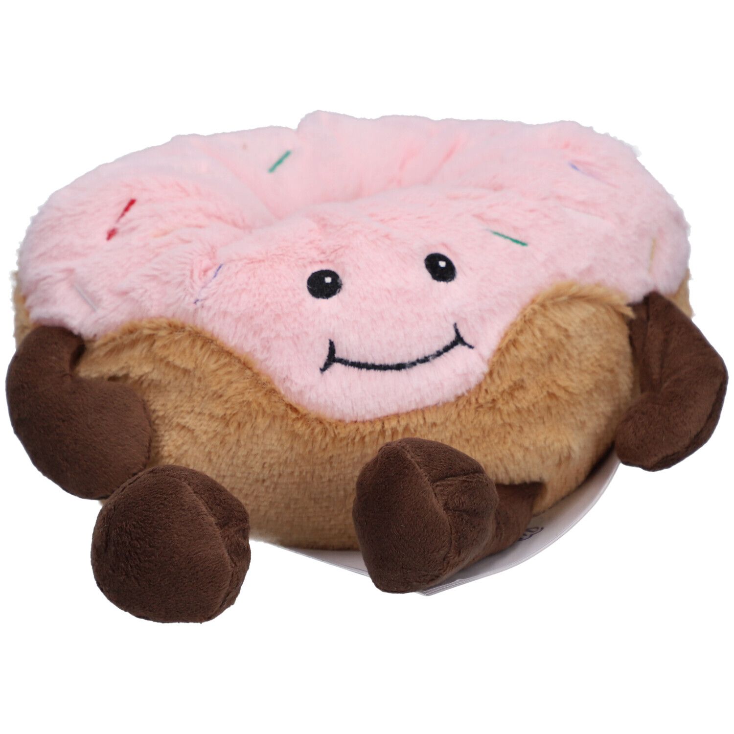 Donut en peluche rose avec glaçage et vermicelles colorés. Base et bras bruns. Visage souriant.