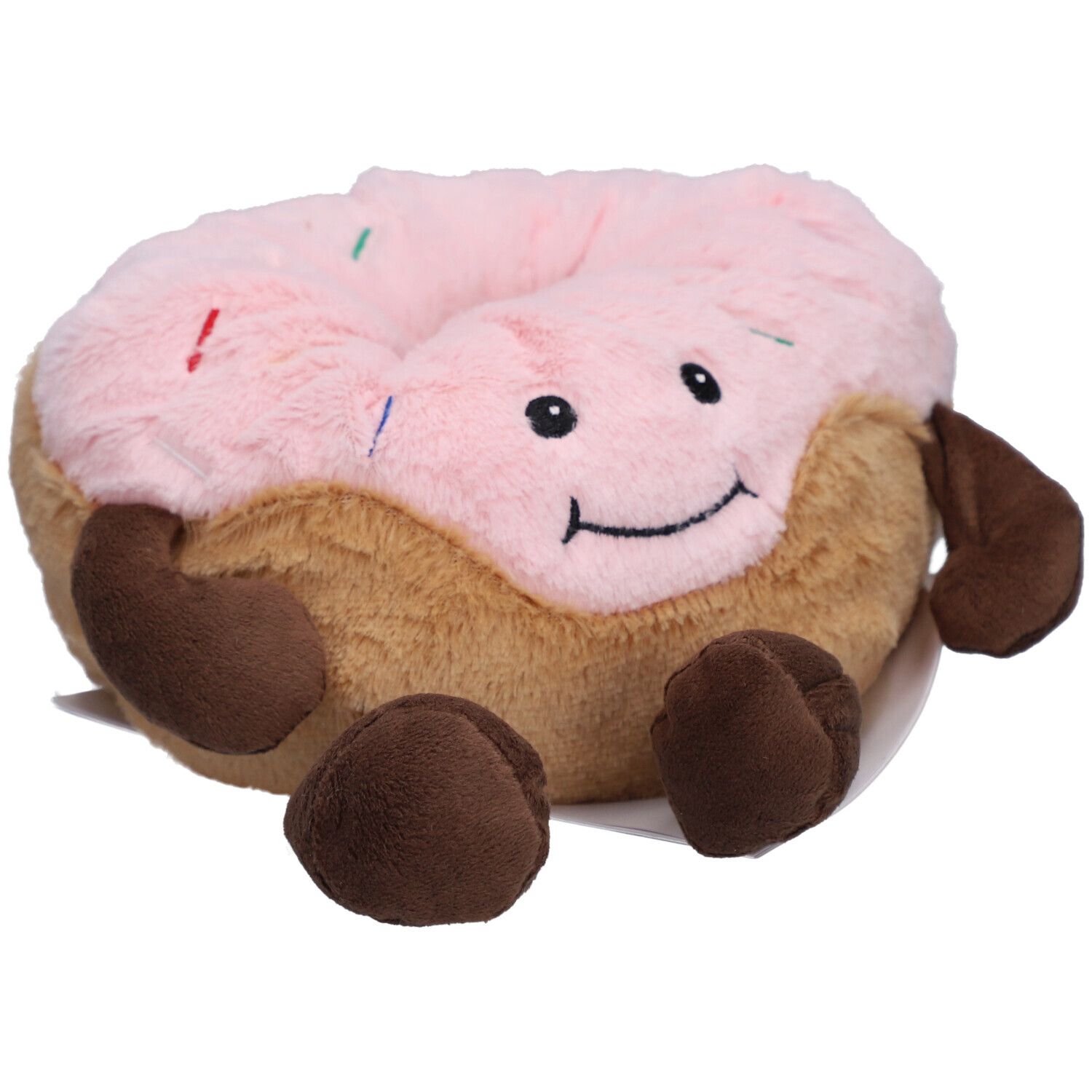 Donut en peluche rose avec glaçage et vermicelles colorés. Base et bras bruns. Visage souriant.