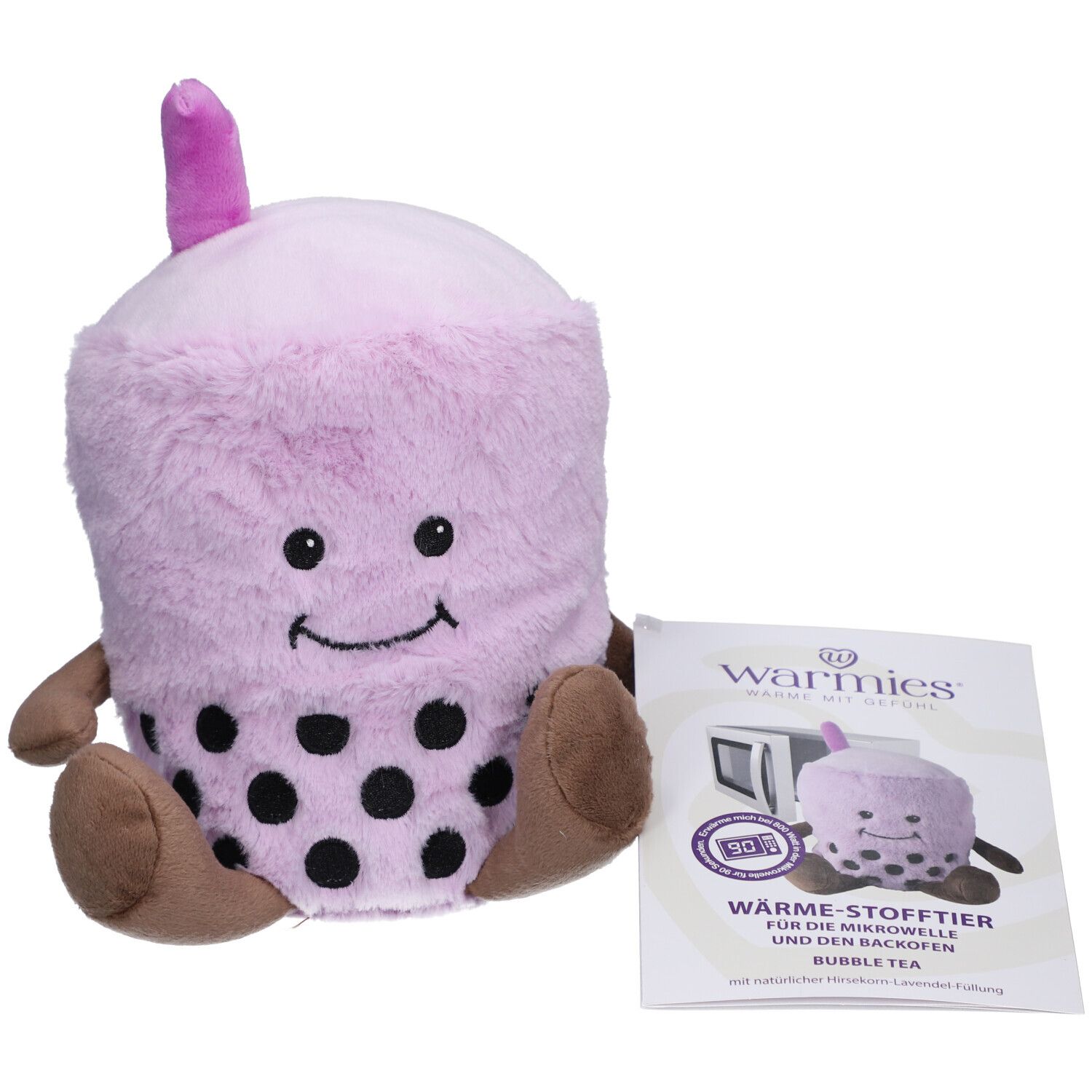 Peluche Bubble Tea violet avec points noirs, bras et pieds marron. Avec brochure.