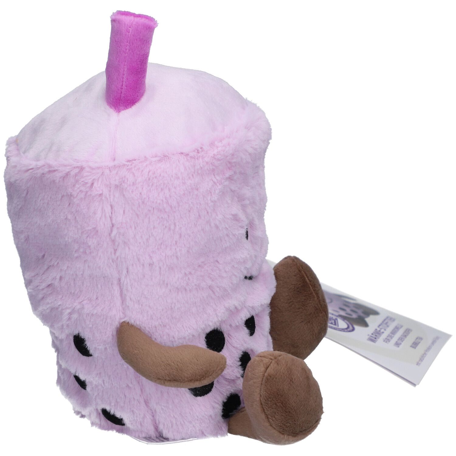 Peluche Bubble Tea violet avec points noirs. Bras et pieds marron. Vue latérale.