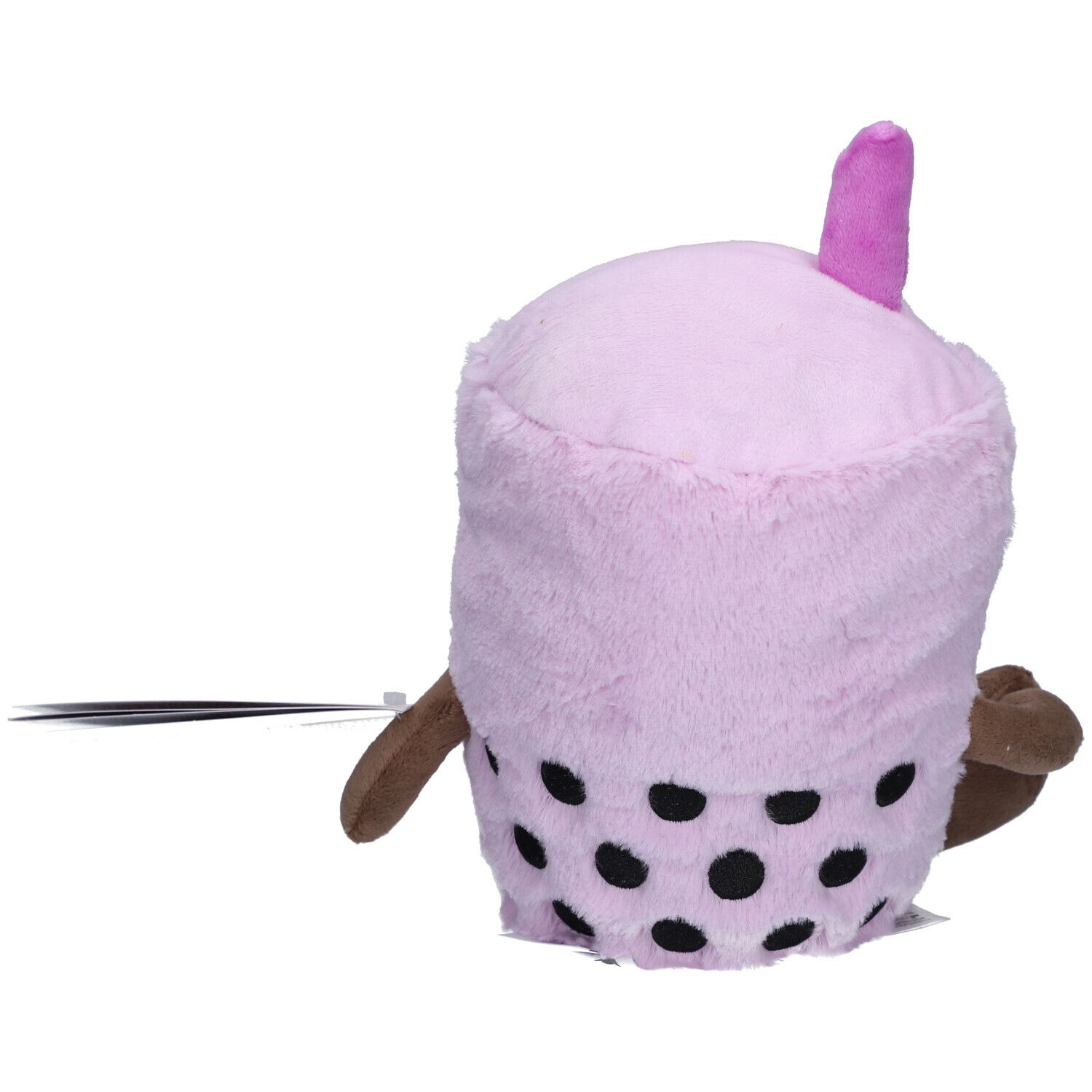 Peluche Bubble Tea violet avec points noirs. Bras et pieds marron. Vue latérale.