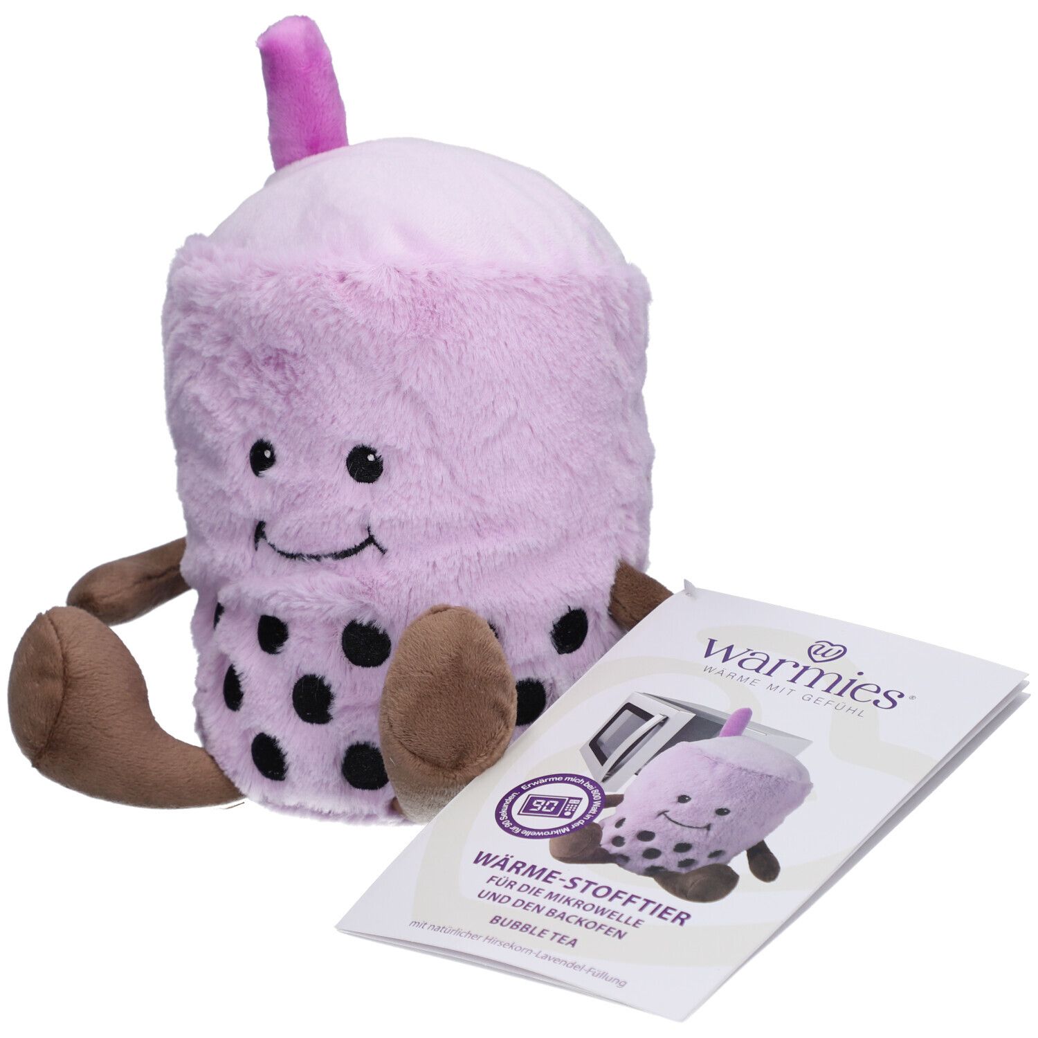 Peluche Bubble Tea violet avec points noirs, bras et pieds marron. Avec brochure.