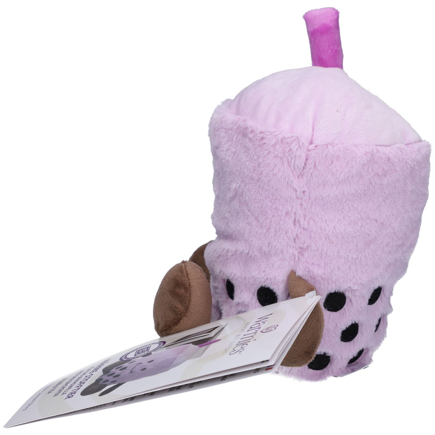 Peluche Bubble Tea violet avec points noirs. Bras et pieds marron. Avec brochure.