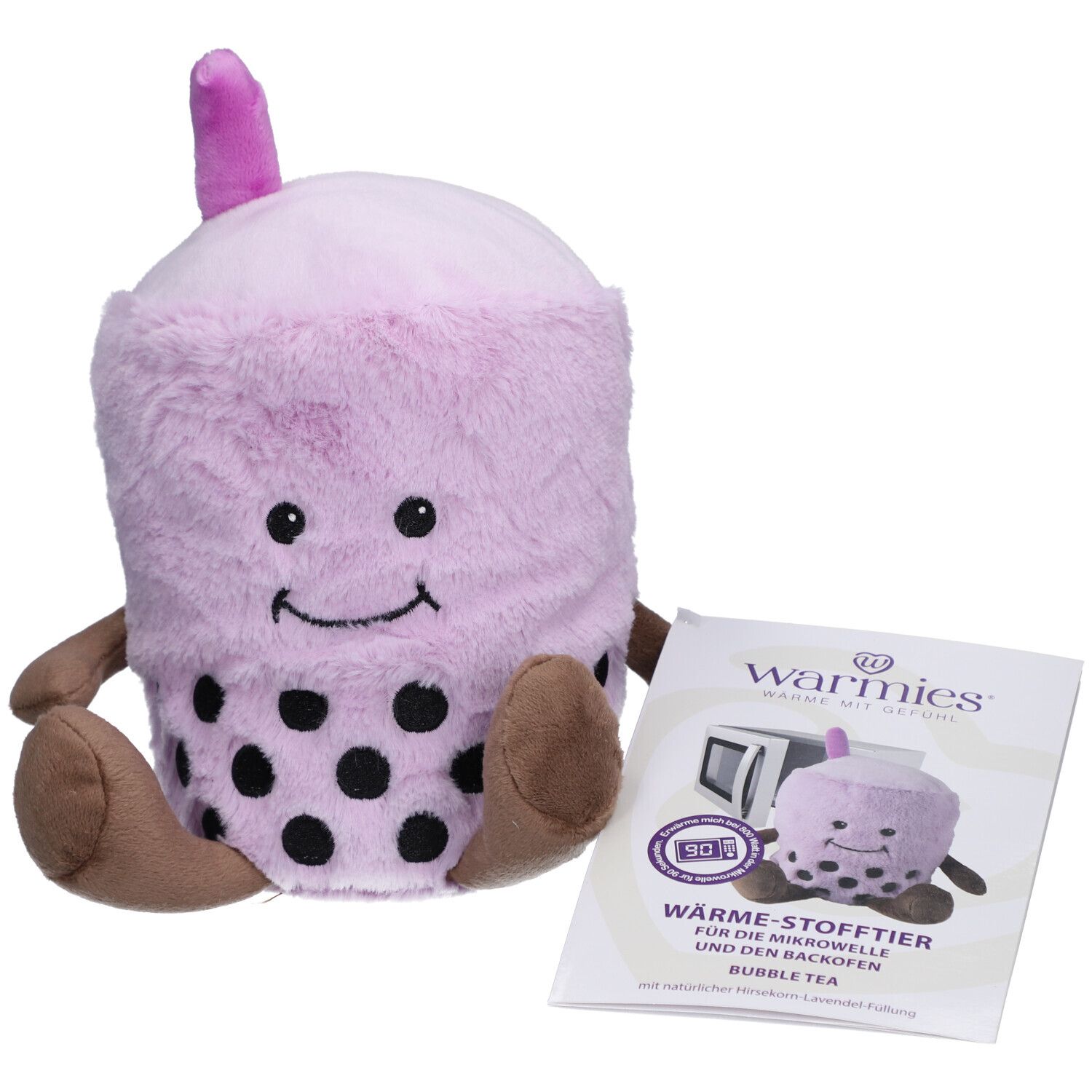 Peluche Bubble Tea violet avec points noirs, bras et pieds marron. Avec brochure.