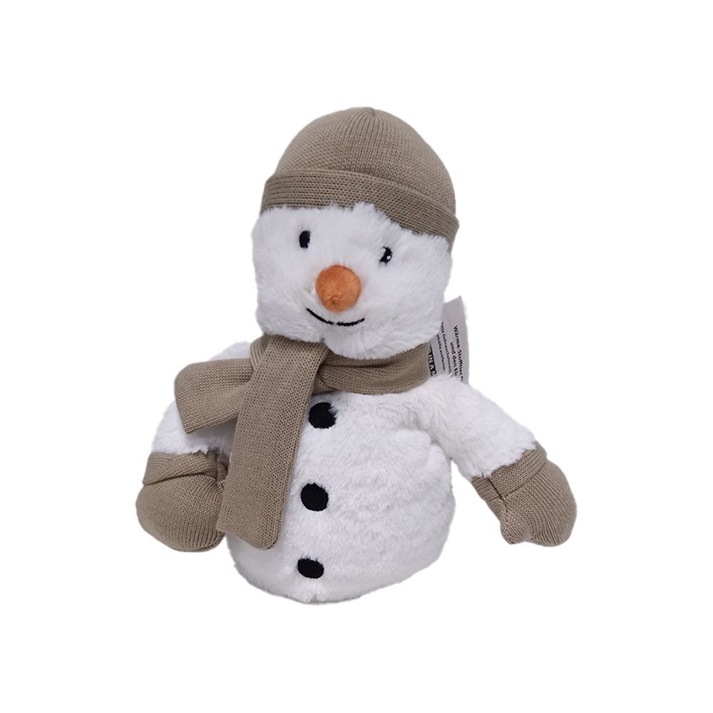 Bonhomme de neige blanc avec bonnet, écharpe et gants bruns. Boutons noirs sur le ventre. Étiquette sur le bras.
