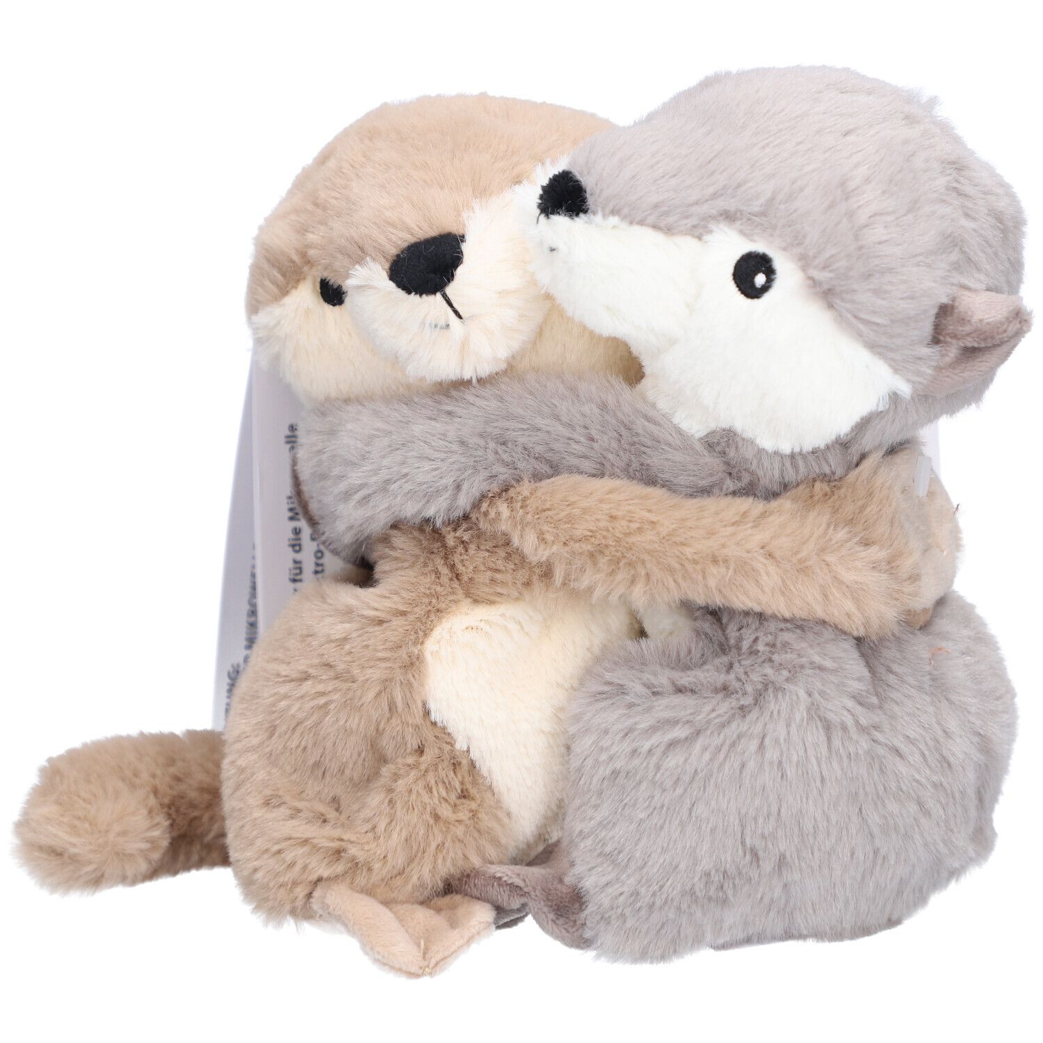 Deux jouets en peluche en forme de loutre, beige et gris. Avec étiquette.