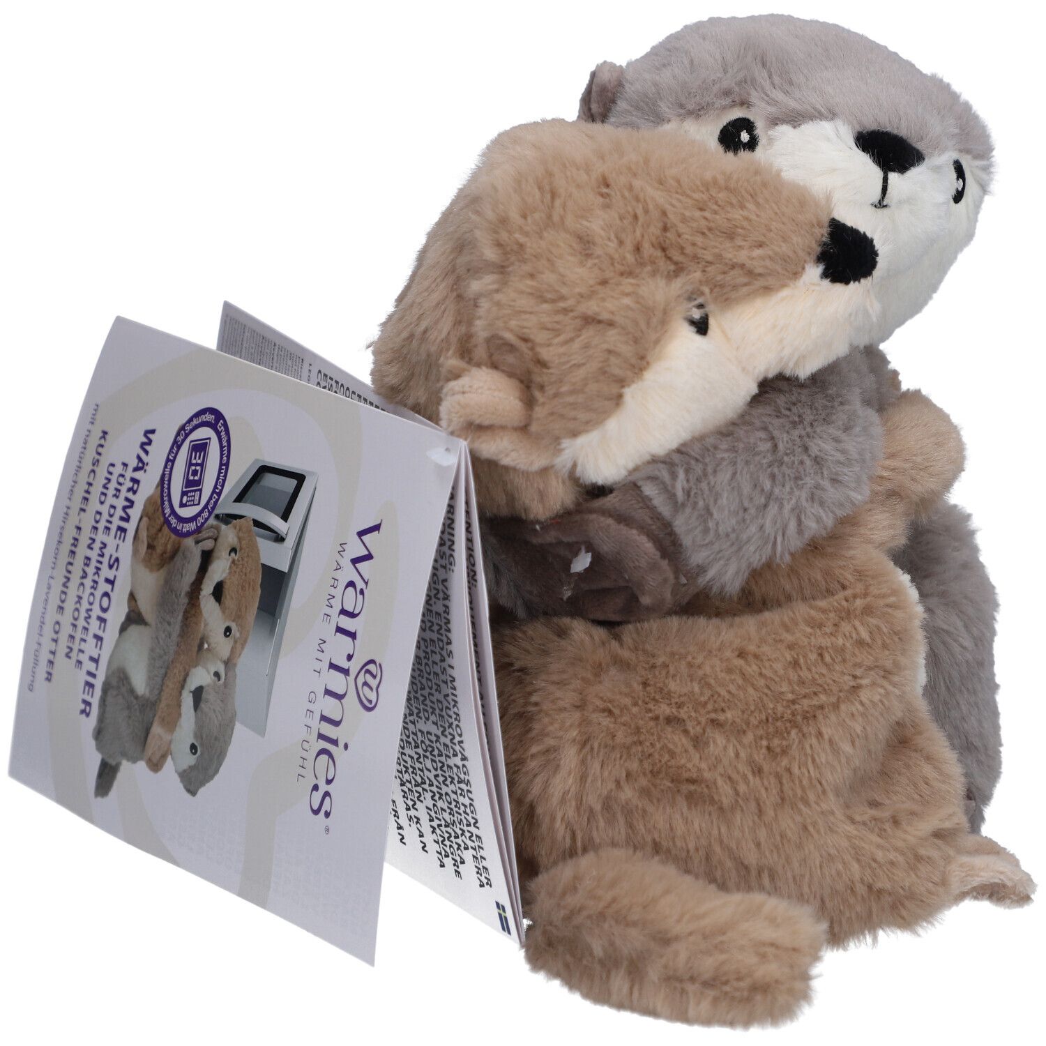 Deux loutres en peluche, beige et grise, s'embrassent. Avec étiquette.
