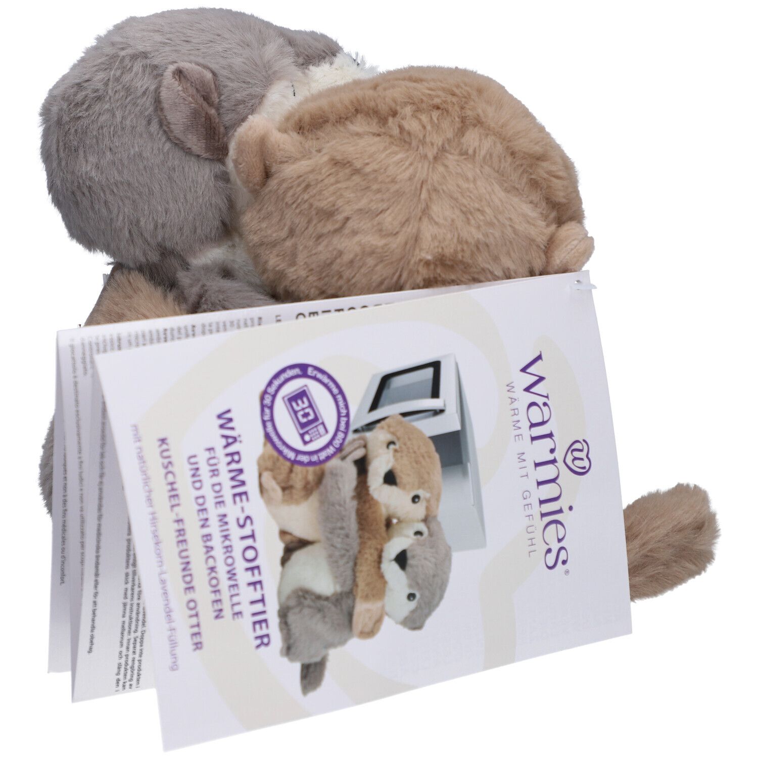 Deux loutres en peluche, beige et grise, avec étiquette. Marque Warmies.