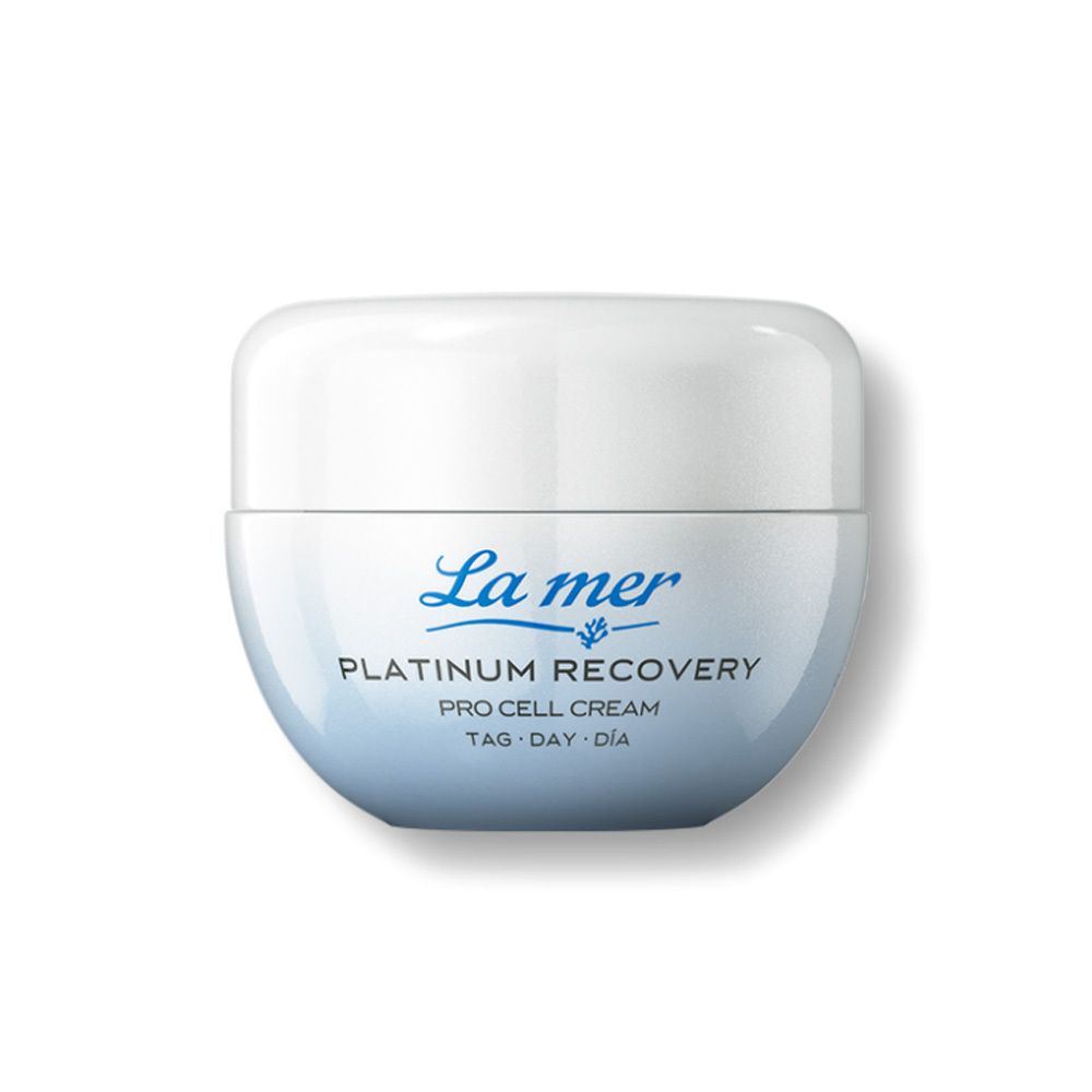 Pot de crème blanc et bleu. Inscription : La mer, Platinum Recovery, Pro Cell Cream.