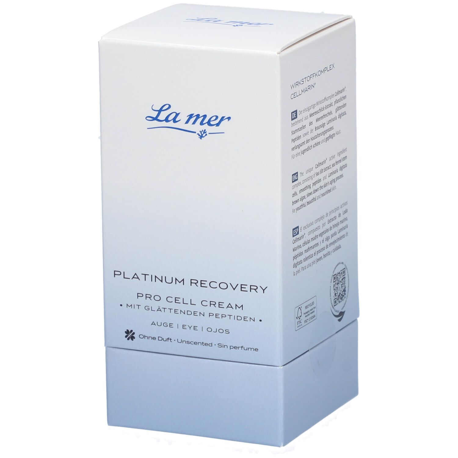 Boîte blanche La mer. Texte: Platinum Recovery Pro Cell Cream. Pour les yeux. Sans parfum.
