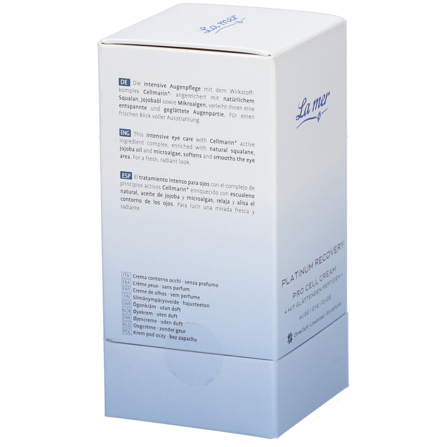 Dos de la boîte de crème pour les yeux La mer. Textes en allemand, anglais, espagnol. Ingrédients et mode d'emploi.