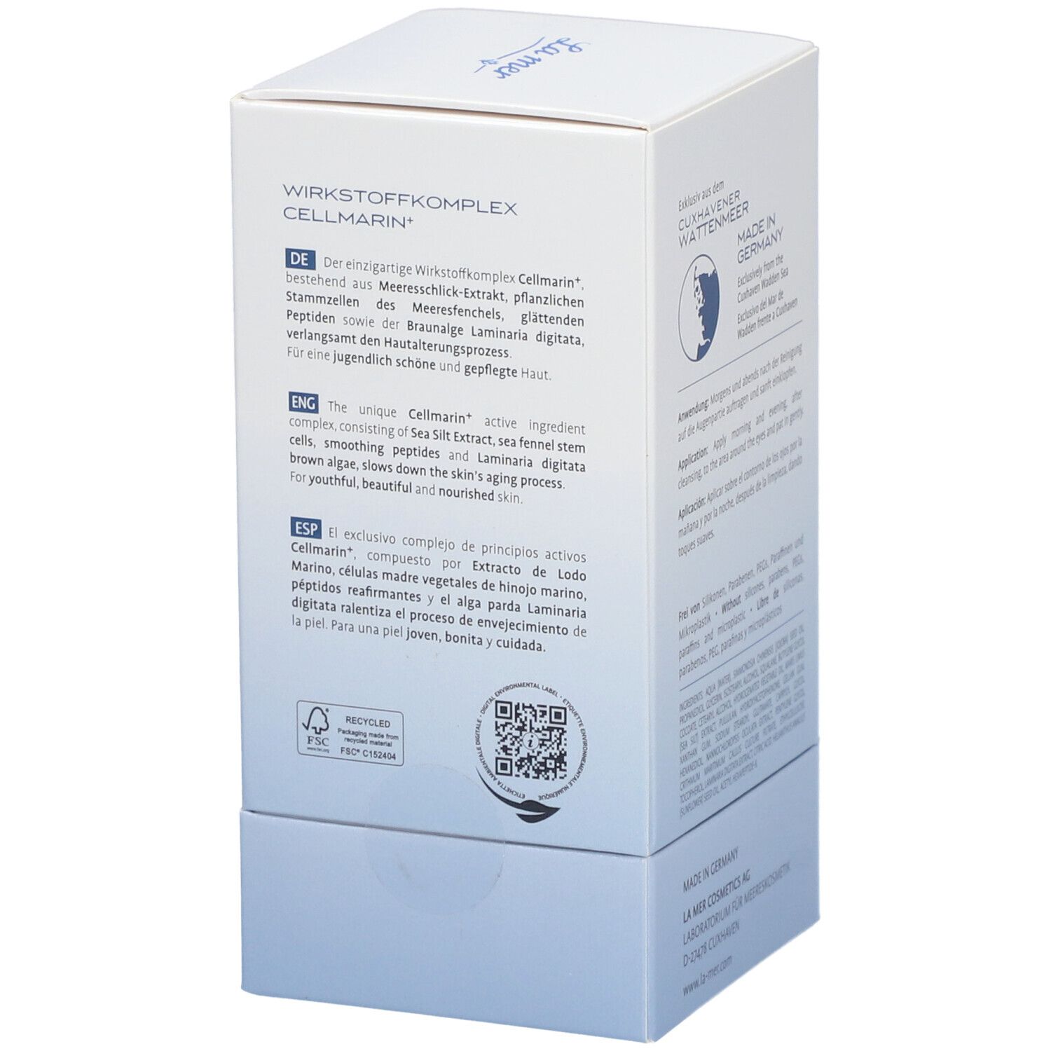 Dos de la boîte de crème pour les yeux La mer. Texte: Complexe d'ingrédients Cellmarin. Ingrédients. Code QR.
