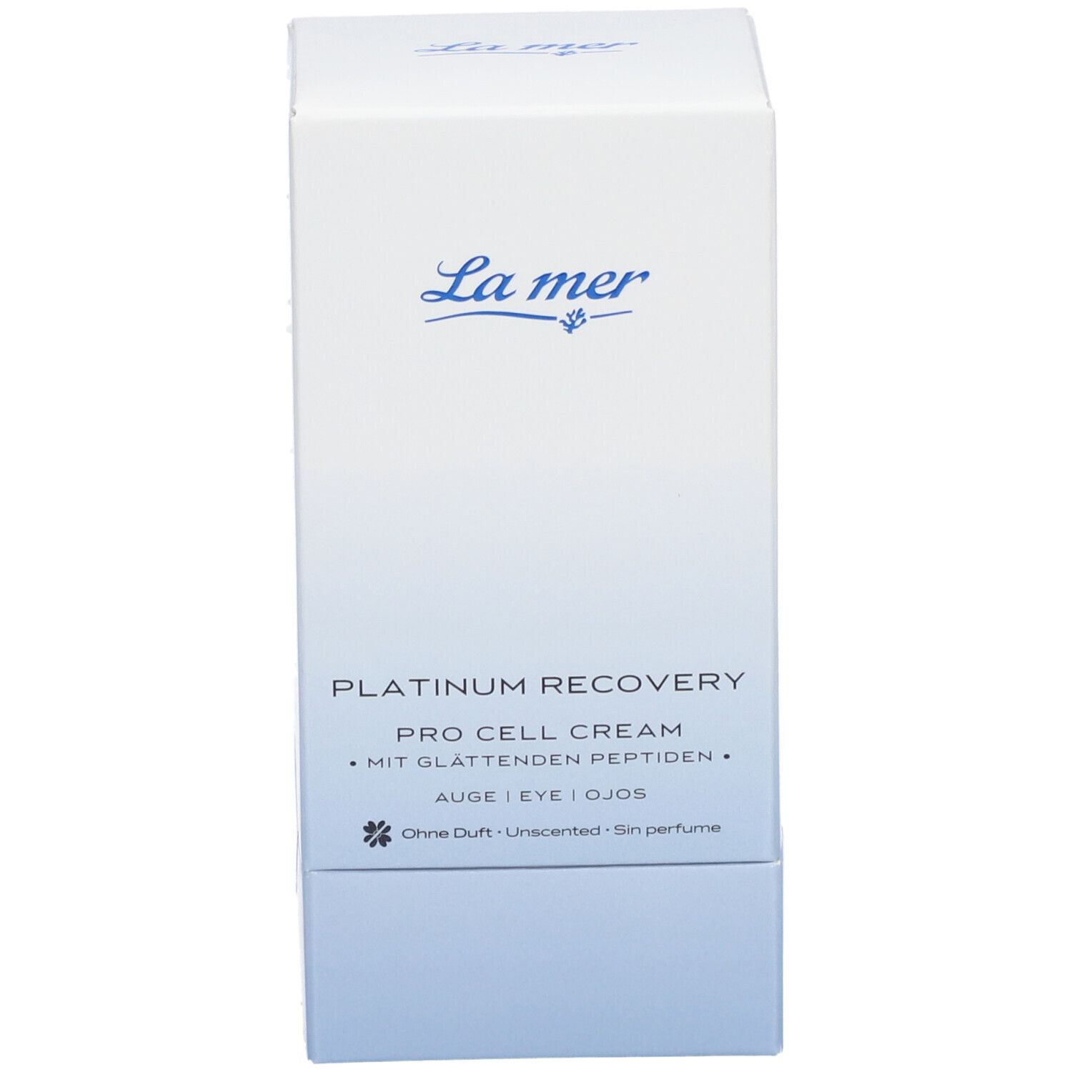 Emballage blanc La mer. Nom du produit: Platinum Recovery Pro Cell Cream. Pour les yeux. Sans parfum.