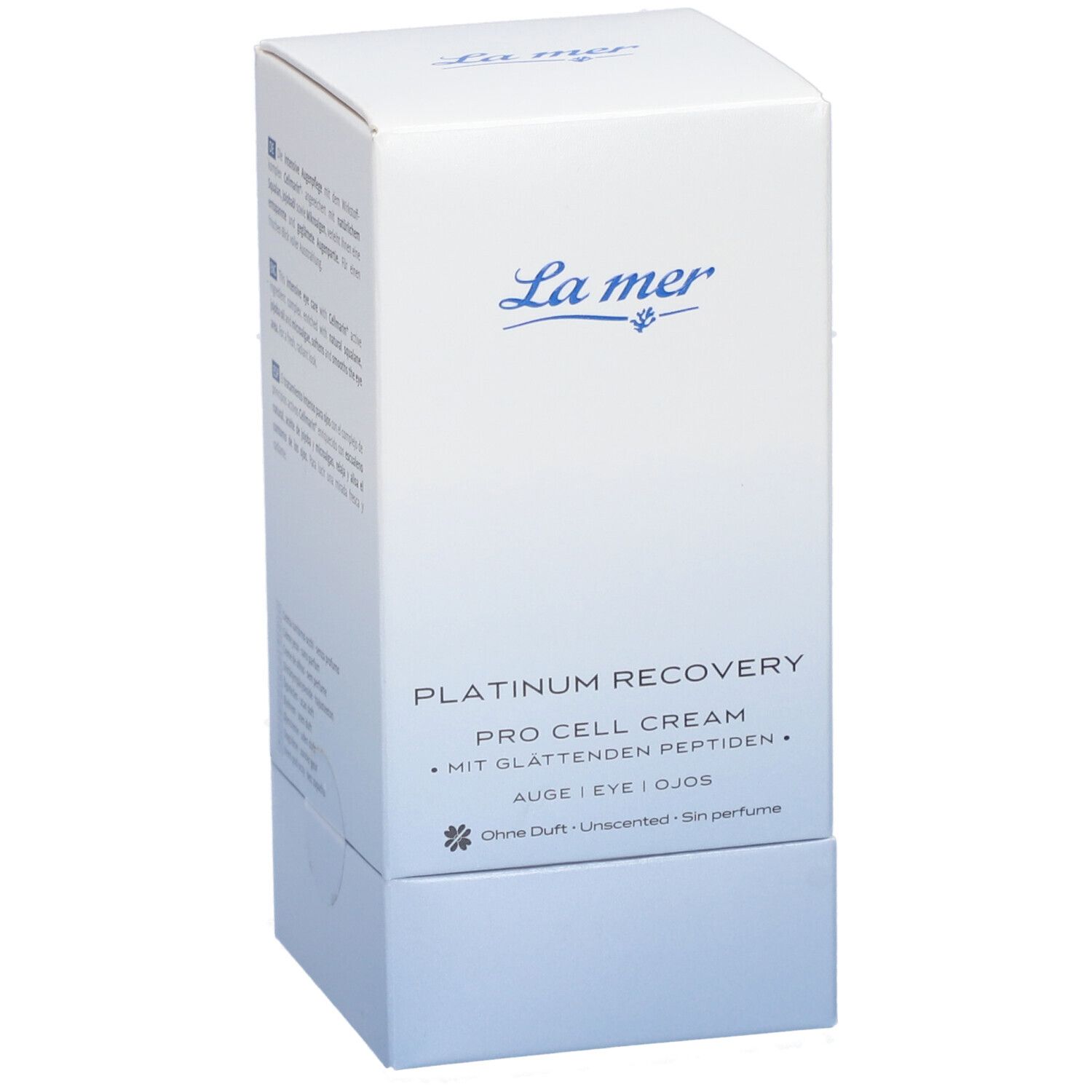 Emballage blanc La mer. Nom du produit: Platinum Recovery Pro Cell Cream. Pour les yeux. Sans parfum.