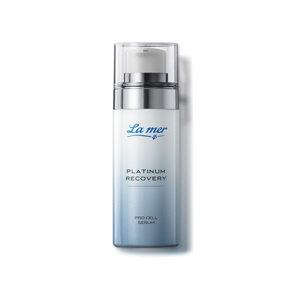 Flacon de sérum avec pompe argentée. Inscription: La mer, Platinum Recovery, Pro Cell Serum.