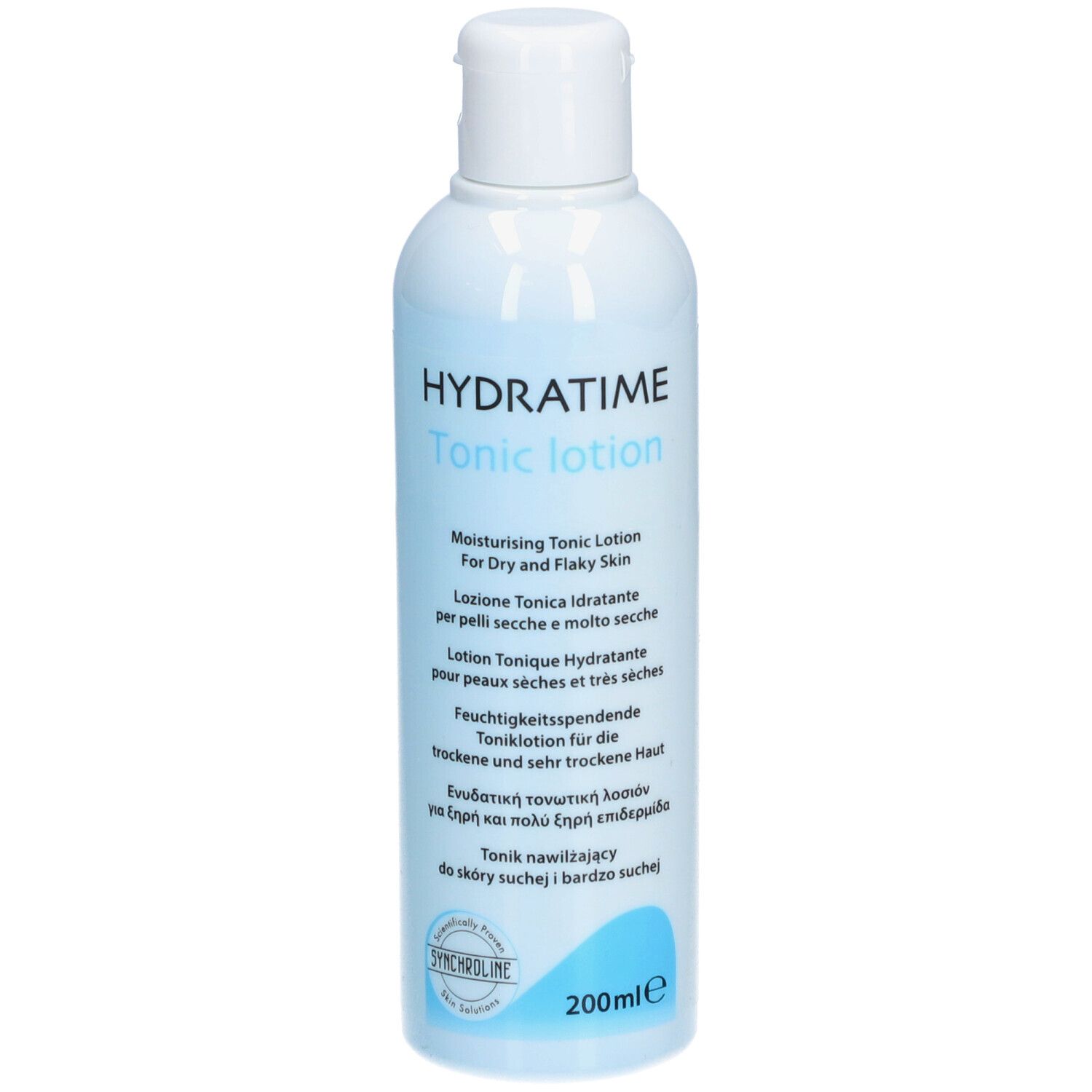 Flacon bleu clair avec bouchon blanc. Inscription: HYDRATIME Tonic lotion. Pour peaux sèches. Logo SYNCHROLINE.