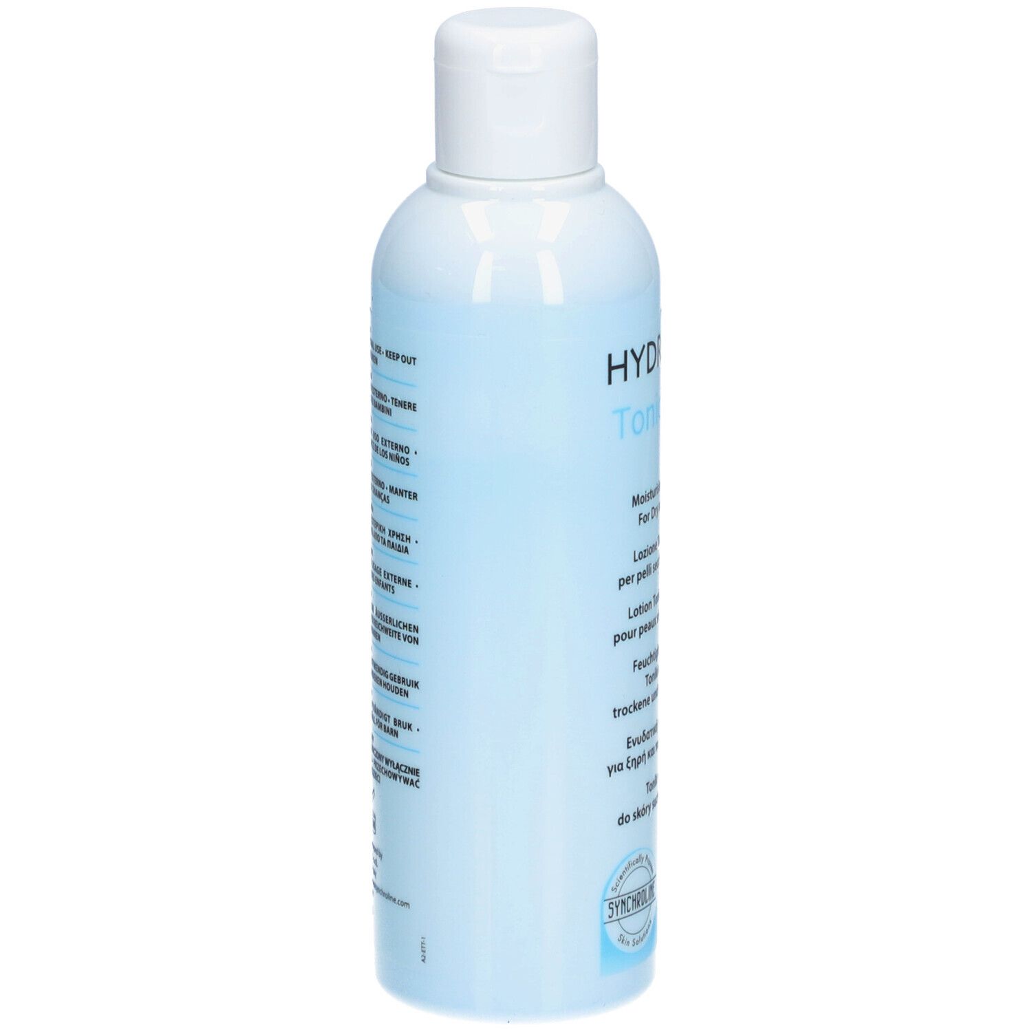 Flacon bleu clair avec bouchon blanc. Dos avec texte multilingue. Logo SYNCHROLINE.