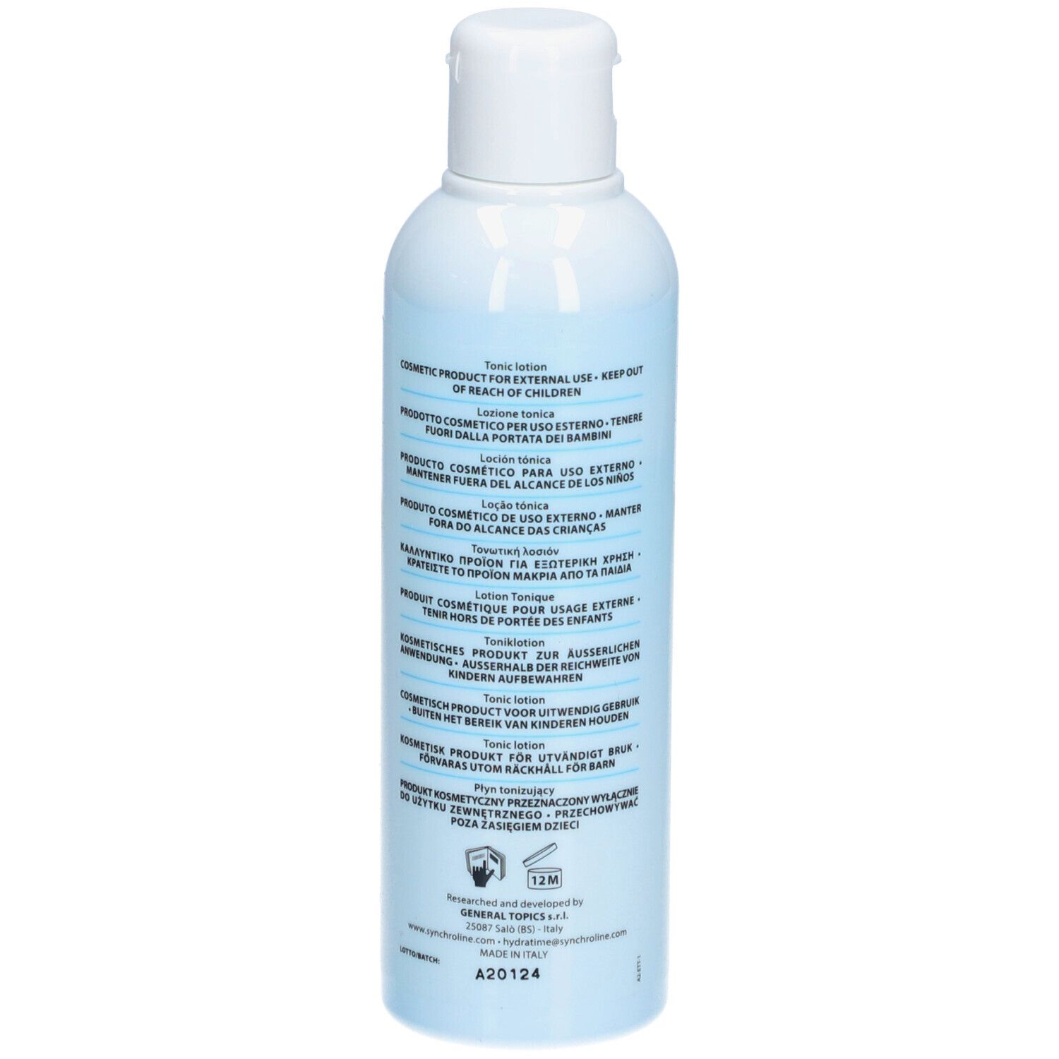 Flacon bleu clair avec bouchon blanc. Dos avec texte multilingue. Logo SYNCHROLINE.