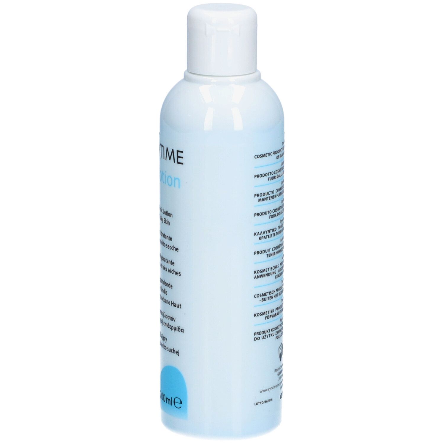 Flacon bleu clair avec bouchon blanc. Dos avec texte multilingue. Logo SYNCHROLINE.