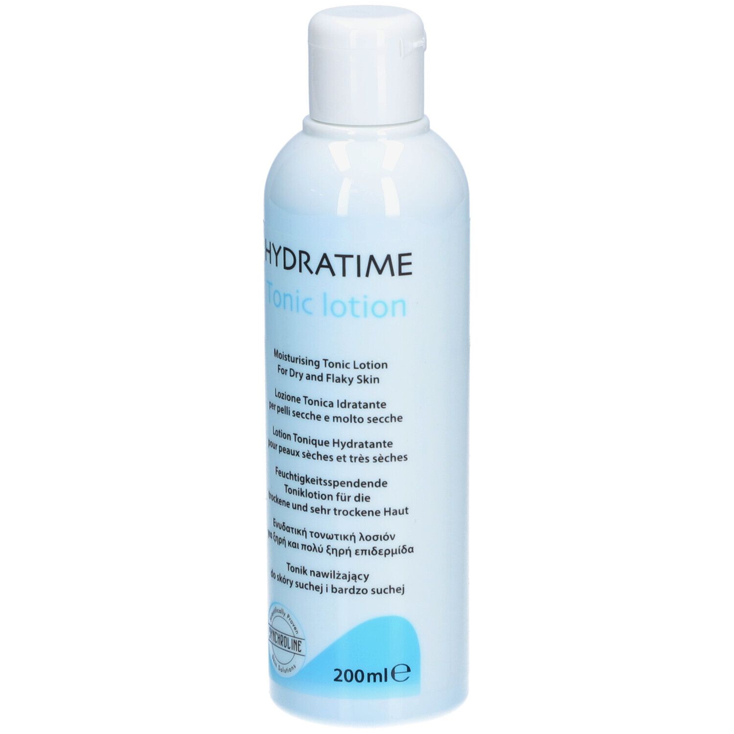 Flacon bleu clair avec bouchon blanc. Inscription: HYDRATIME Tonic lotion. Pour peaux sèches. Logo SYNCHROLINE.