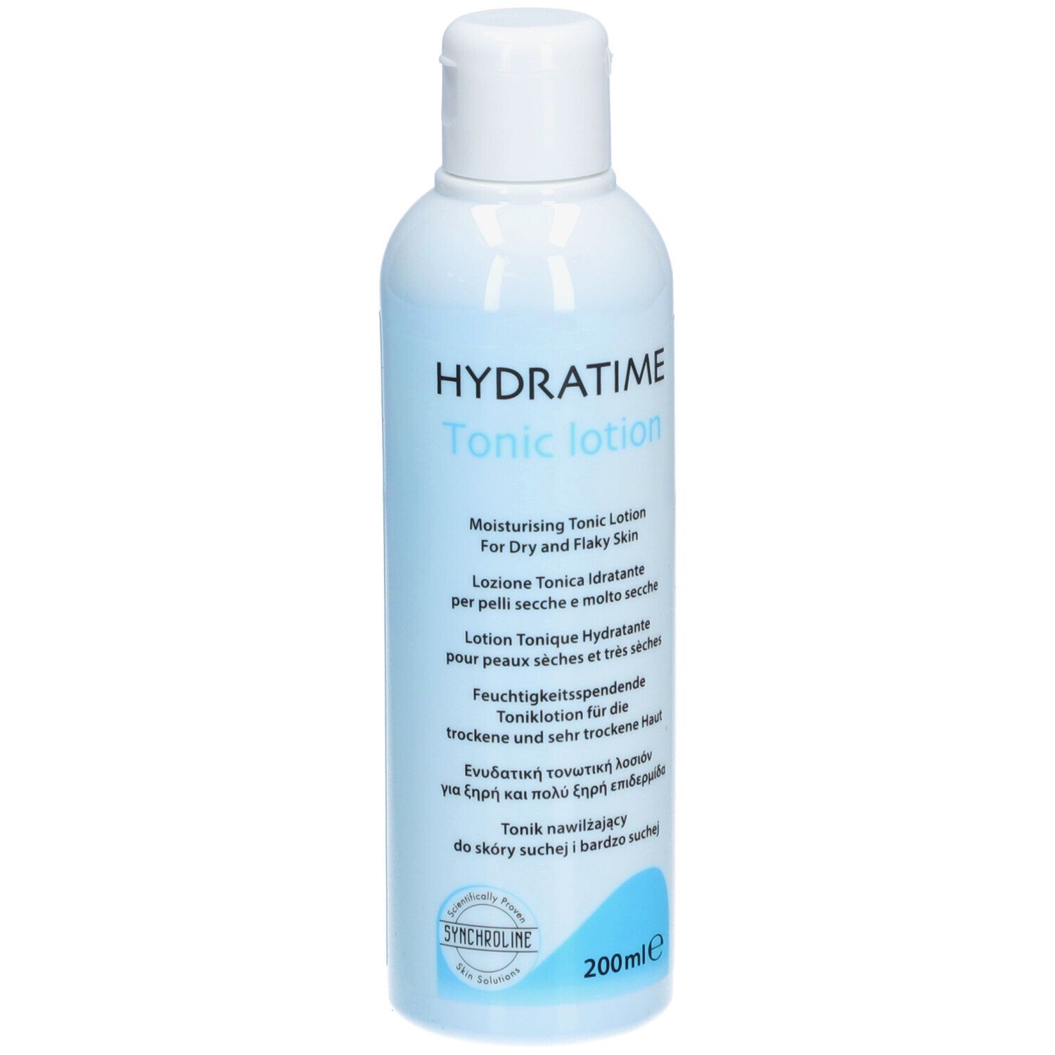 Flacon bleu clair avec bouchon blanc. Inscription: HYDRATIME Tonic lotion. Pour peaux sèches. Logo SYNCHROLINE.