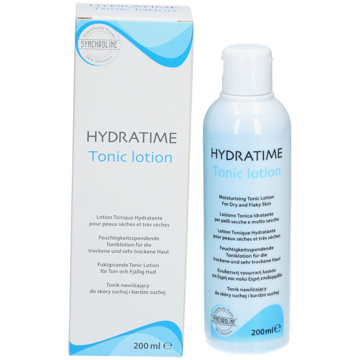 Flacon et emballage du produit. Flacon: HYDRATIME Tonic lotion. Emballage: Logo SYNCHROLINE, nom du produit, texte.