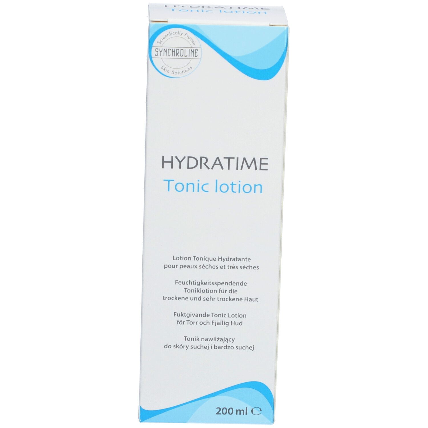Emballage du produit. Inscription: HYDRATIME Tonic lotion. Logo SYNCHROLINE. Texte multilingue.