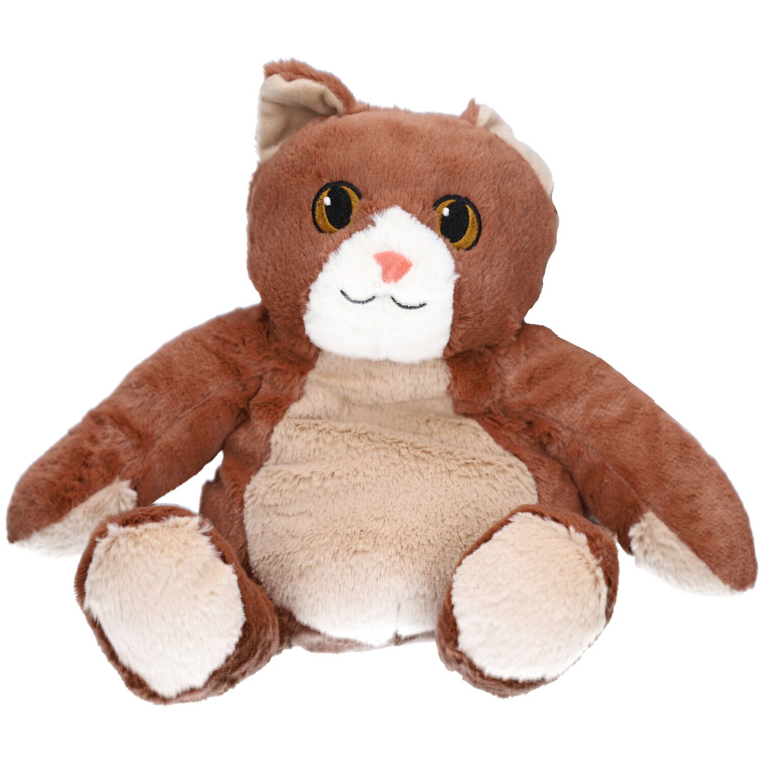 Chat en peluche marron, assis, ventre et pattes beiges. Grands yeux, nez rose, bouche souriante. Oreilles dressées.