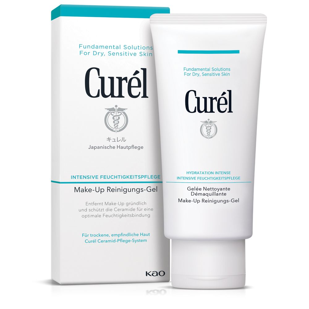 Gel nettoyant en tube blanc et boîte. Inscription : Curél, Make-Up Reinigungs-Gel. Emballage turquoise et blanc.