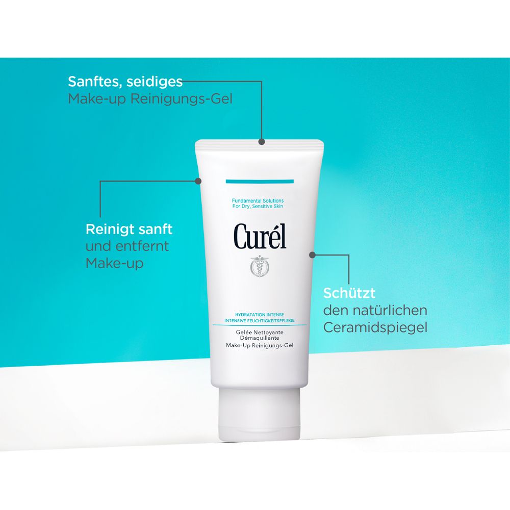 Tube blanc Curél Make-Up Reinigungs-Gel. Texte : Nettoie et démaquille en douceur. Protège le niveau de céramides.