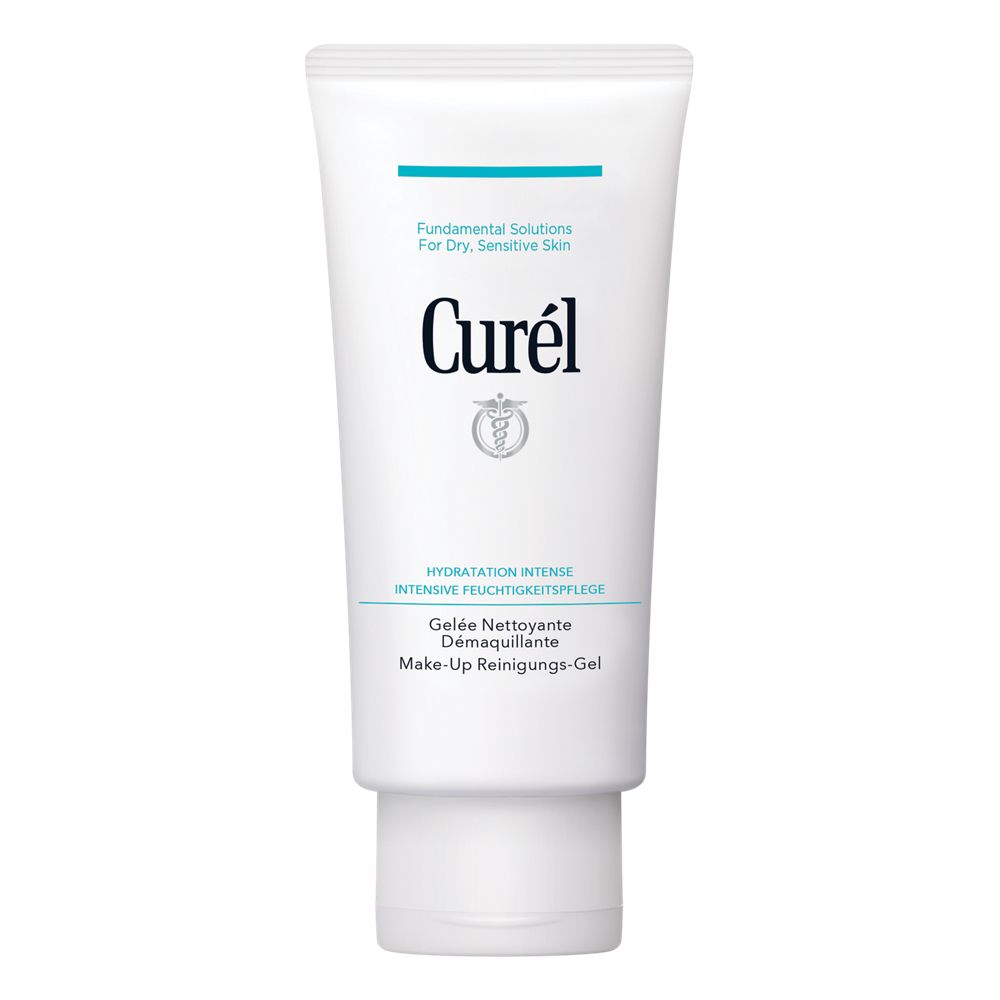 Tube blanc Curél Make-Up Reinigungs-Gel. Inscription : Fundamental Solutions For Dry, Sensitive Skin. Détails turquoise et blancs.