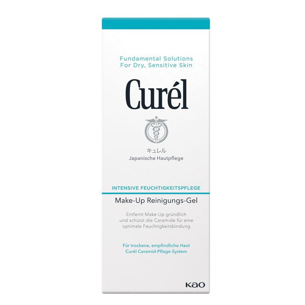 Boîte Curél Make-Up Reinigungs-Gel. Inscription : Curél, Intensive Feuchtigkeitspflege. Emballage turquoise et blanc.