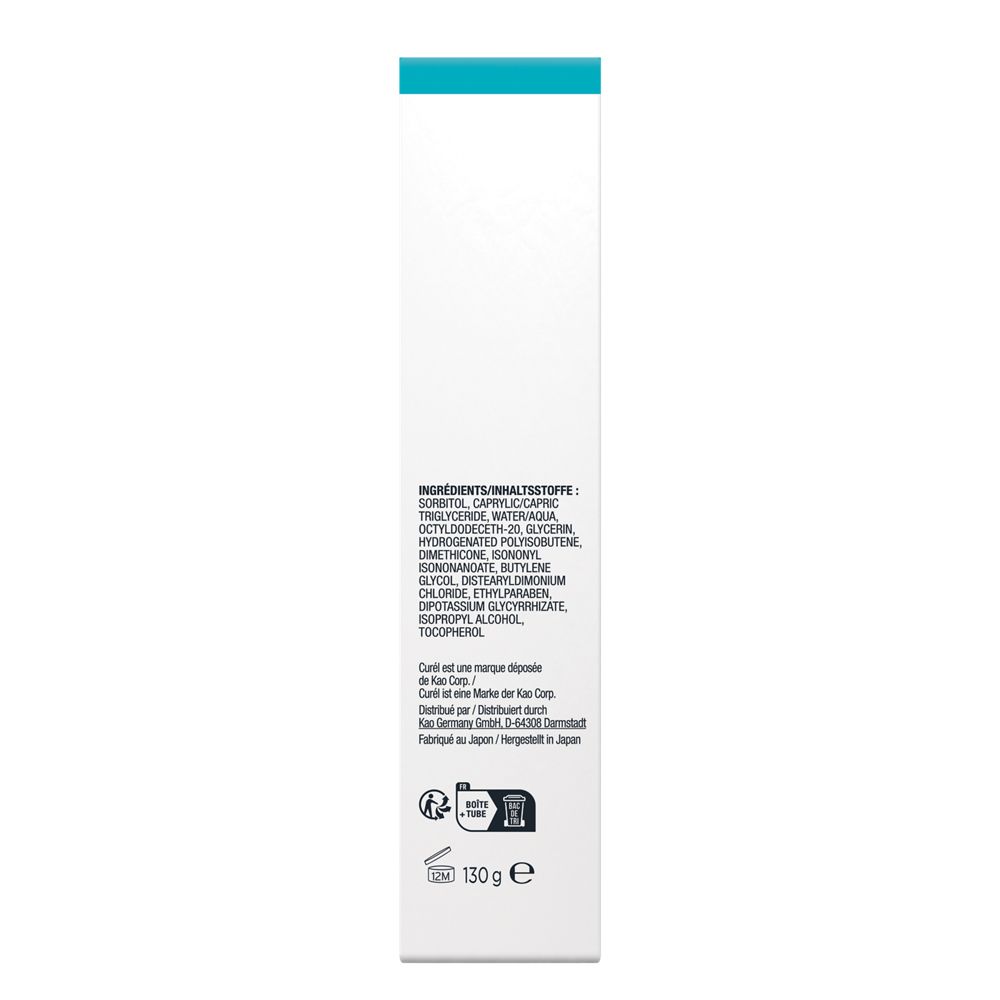 Côté de la boîte Curél Make-Up Reinigungs-Gel. Ingrédients et logos. 130g.