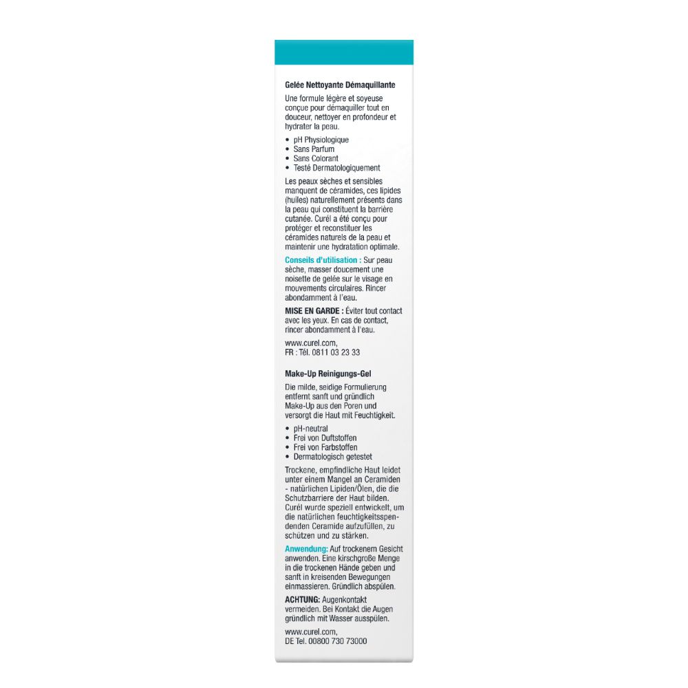 Côté de la boîte Curél Make-Up Reinigungs-Gel. Texte et instructions d'utilisation. Emballage turquoise et blanc.