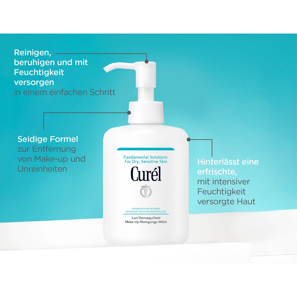Distributeur blanc avec pompe. Inscription : Curél. Texte : Nettoyer, apaiser et hydrater.
